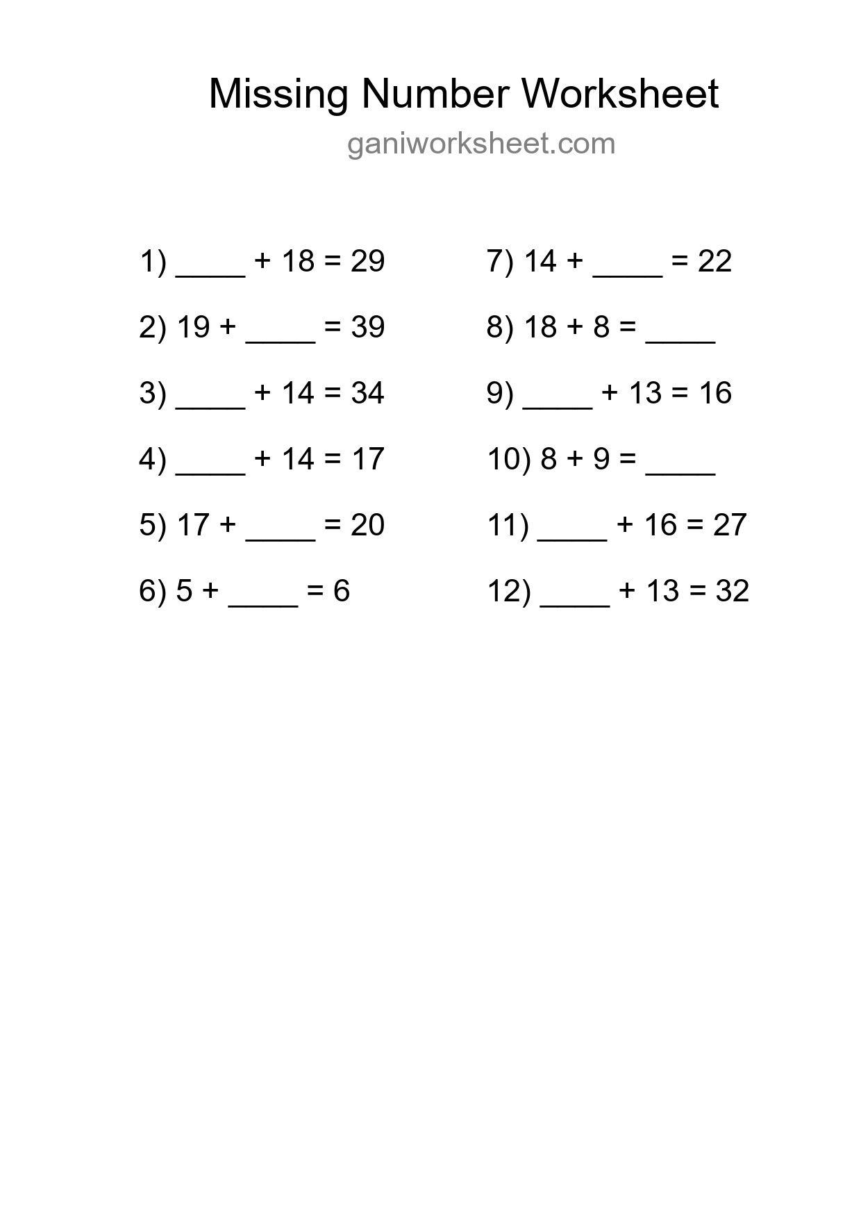 Missing Number Math Worksheet