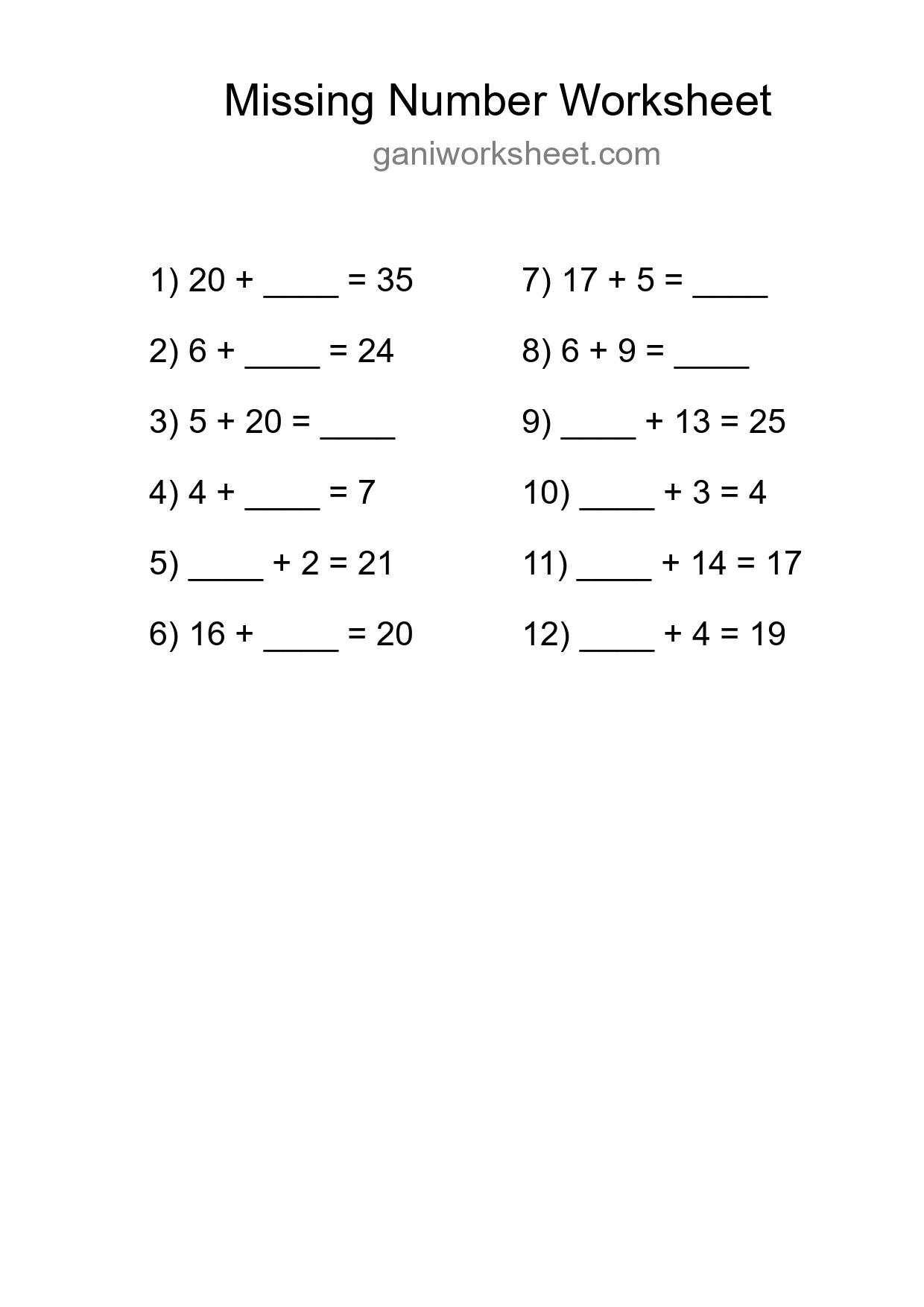 Missing Number Math Worksheet