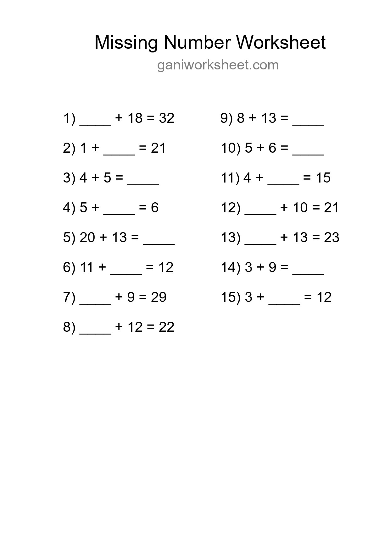 Missing Number Math Worksheet