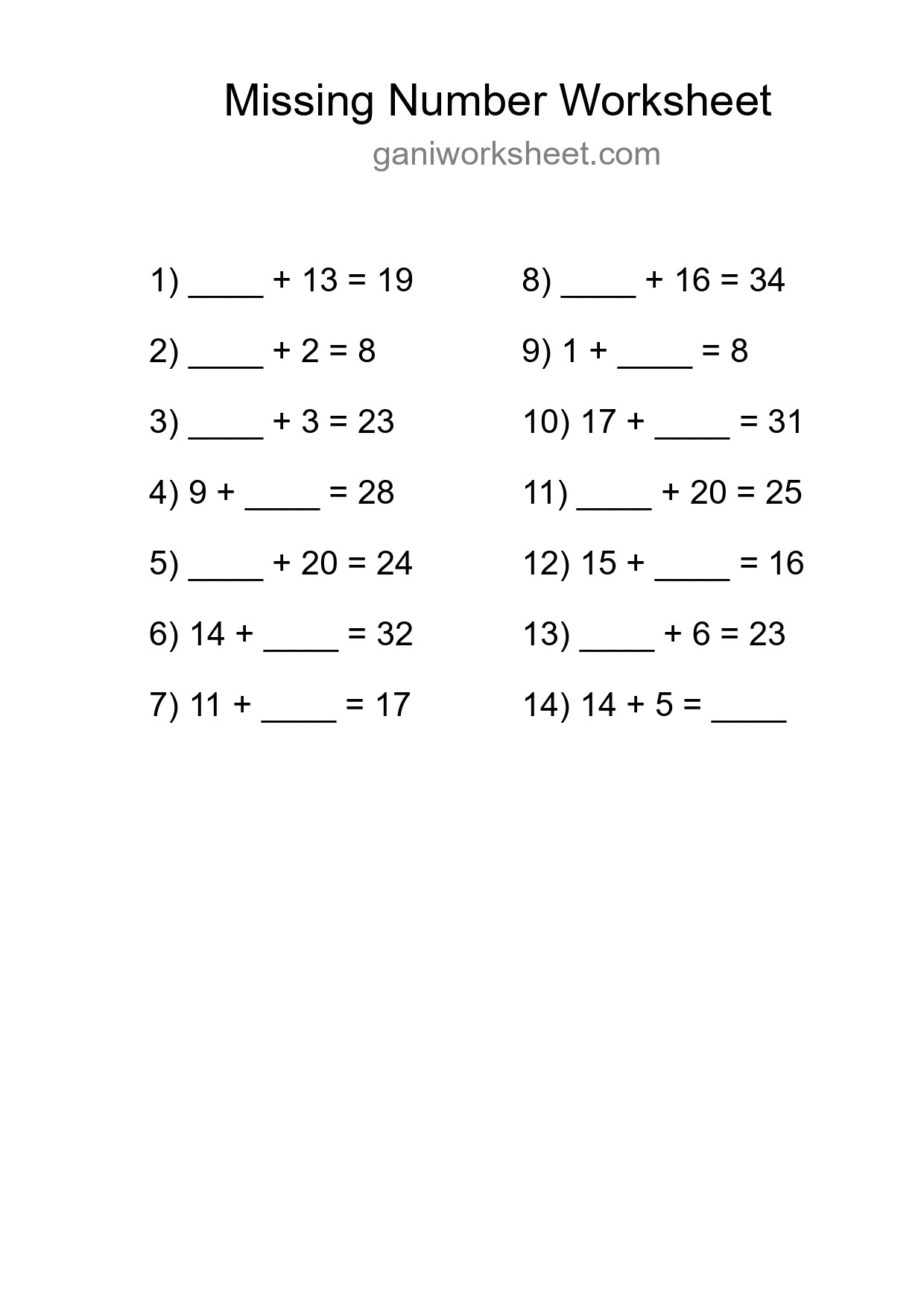 Missing Number Math Worksheet