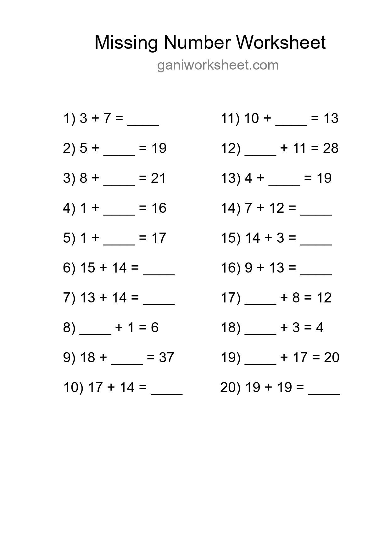 Missing Number Math Worksheet