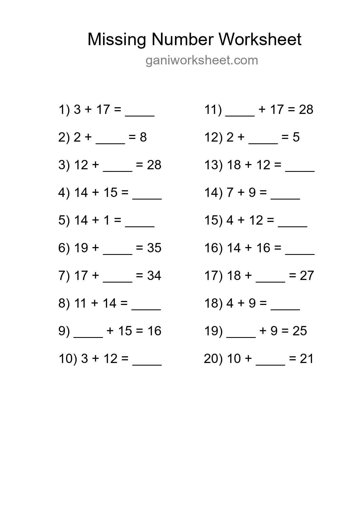Missing Number Math Worksheet