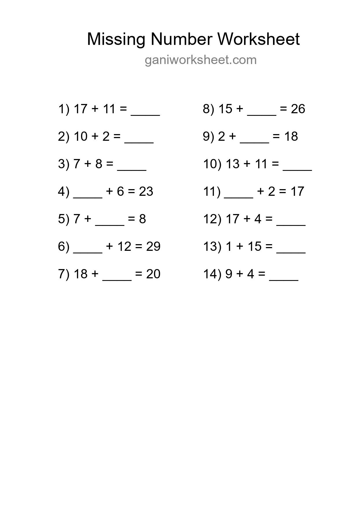Missing Number Math Worksheet