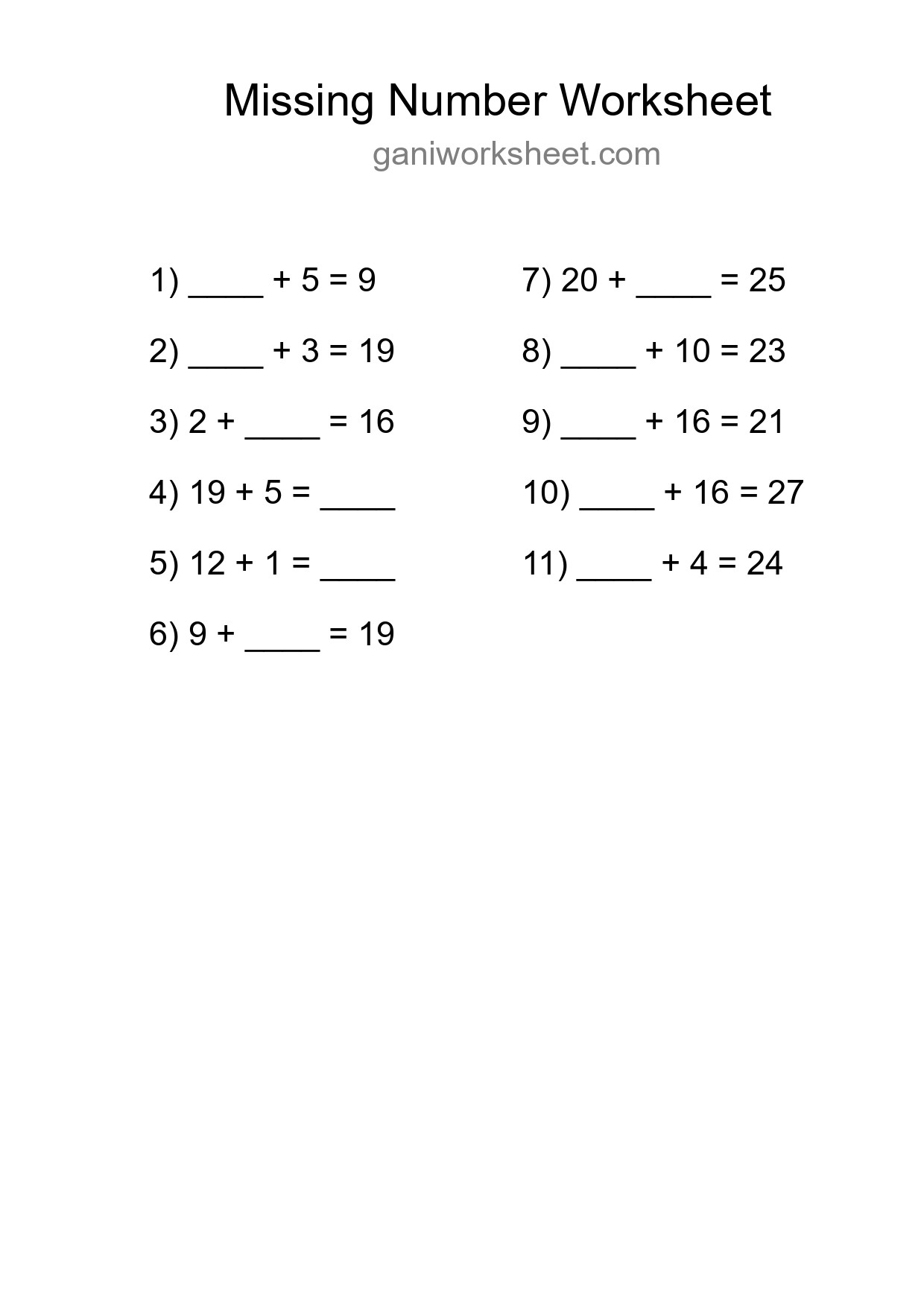 Missing Number Math Worksheet