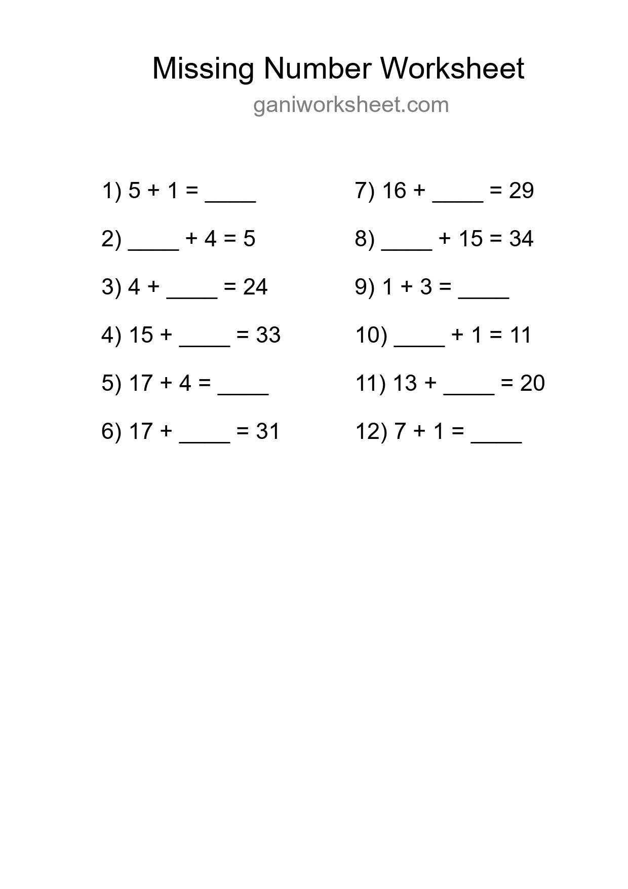 Missing Number Math Worksheet