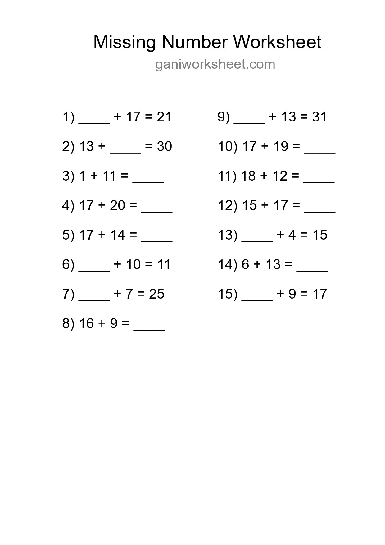 Missing Number Math Worksheet