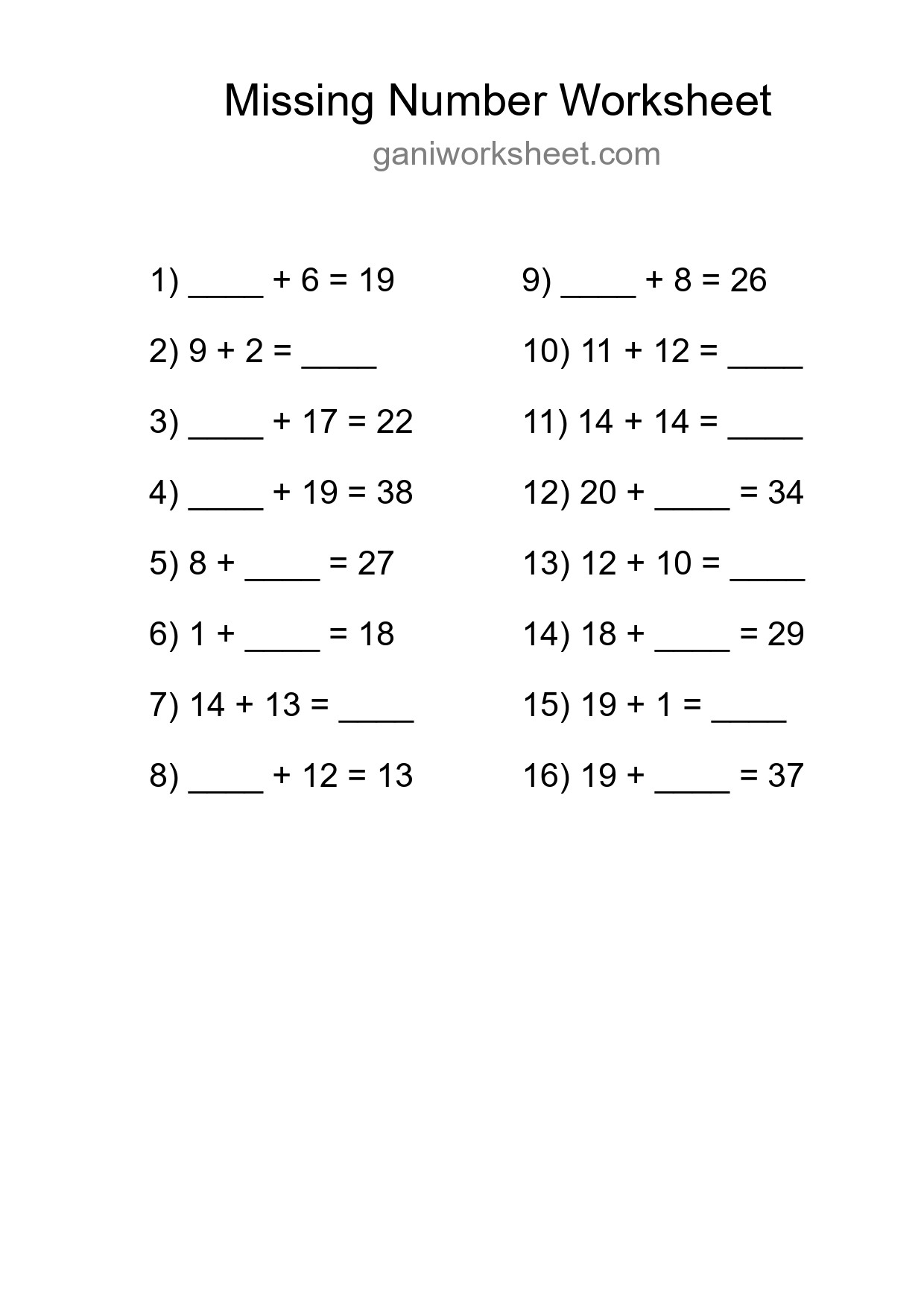 Missing Number Math Worksheet