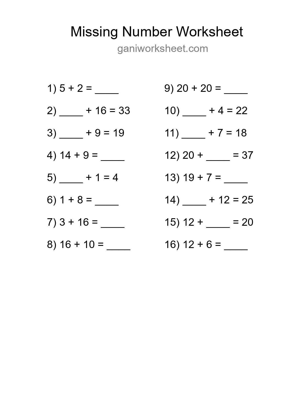 Missing Number Math Worksheet