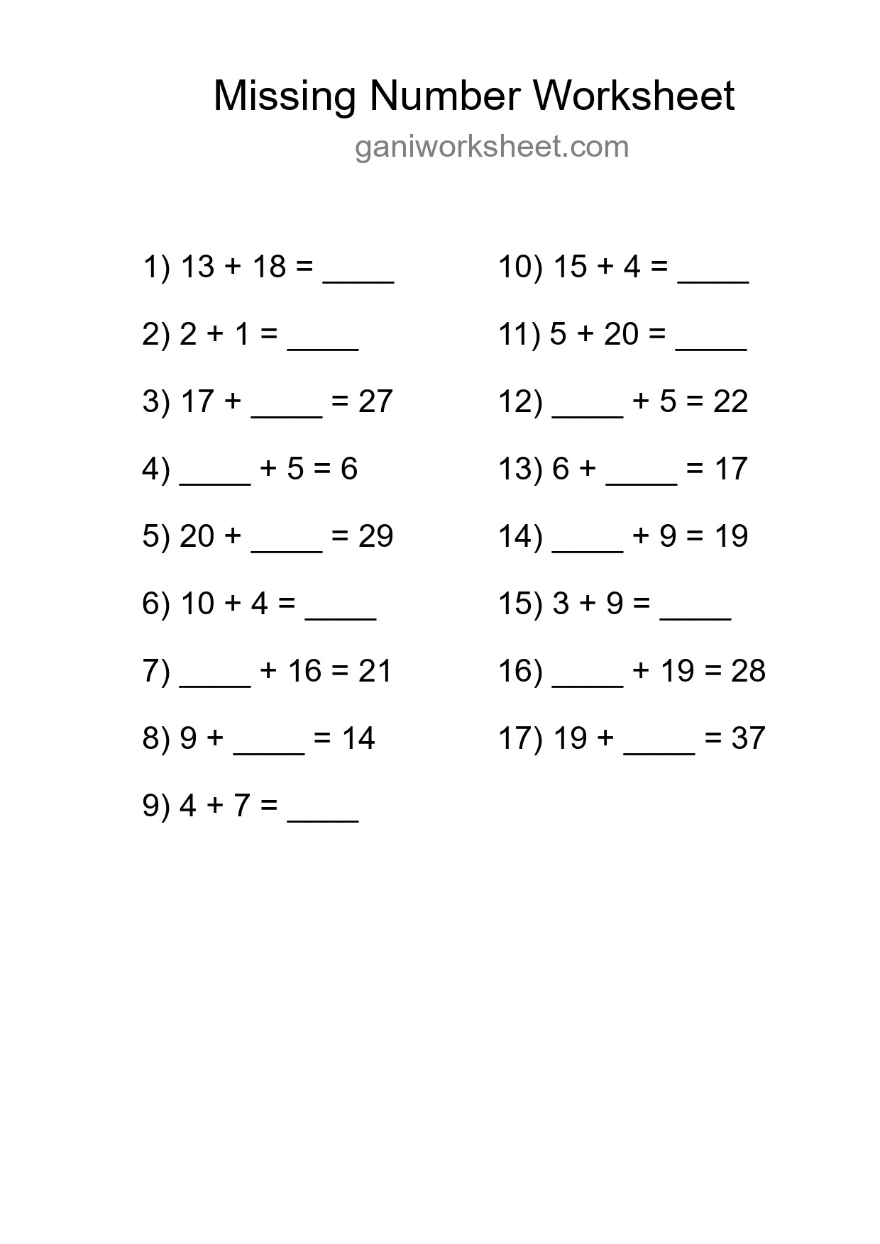 Missing Number Math Worksheet