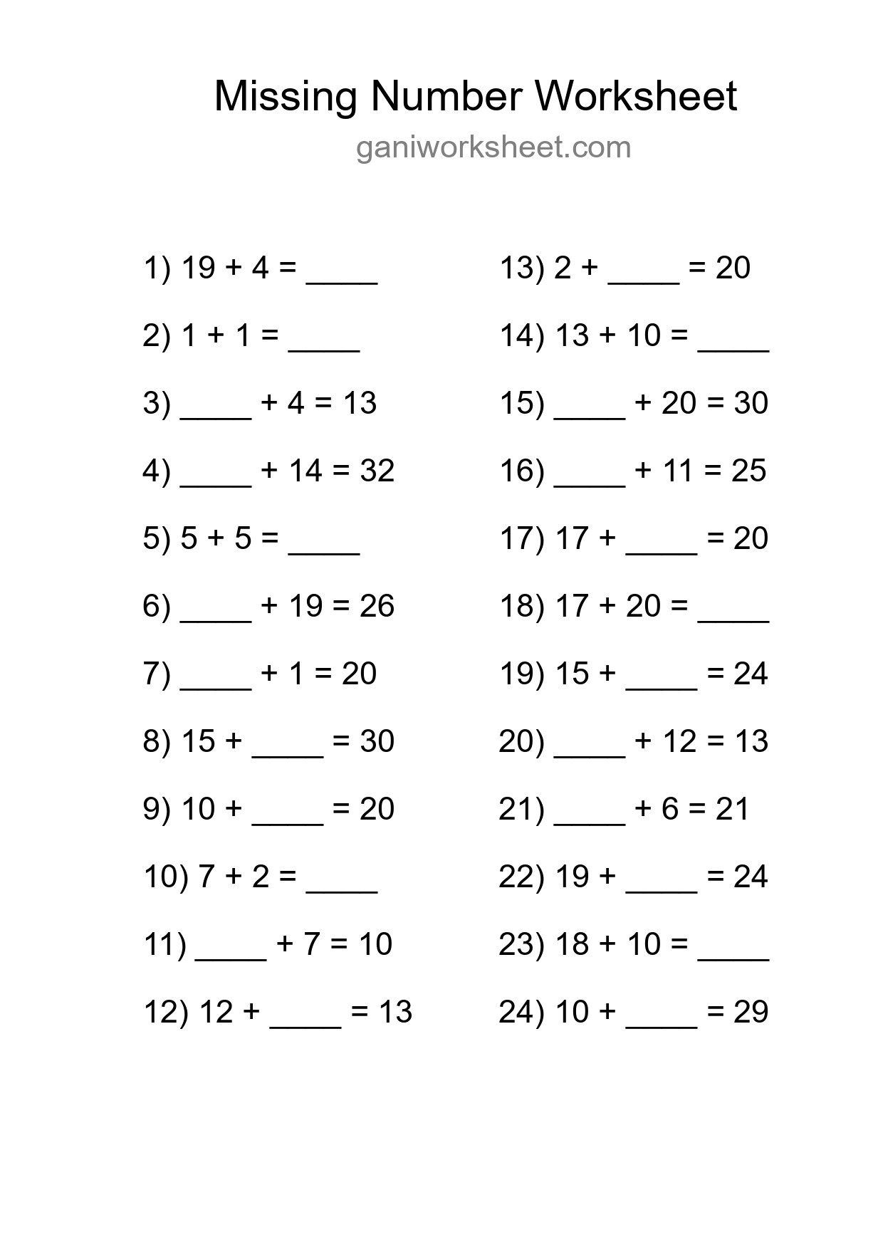 Missing Number Math Worksheet