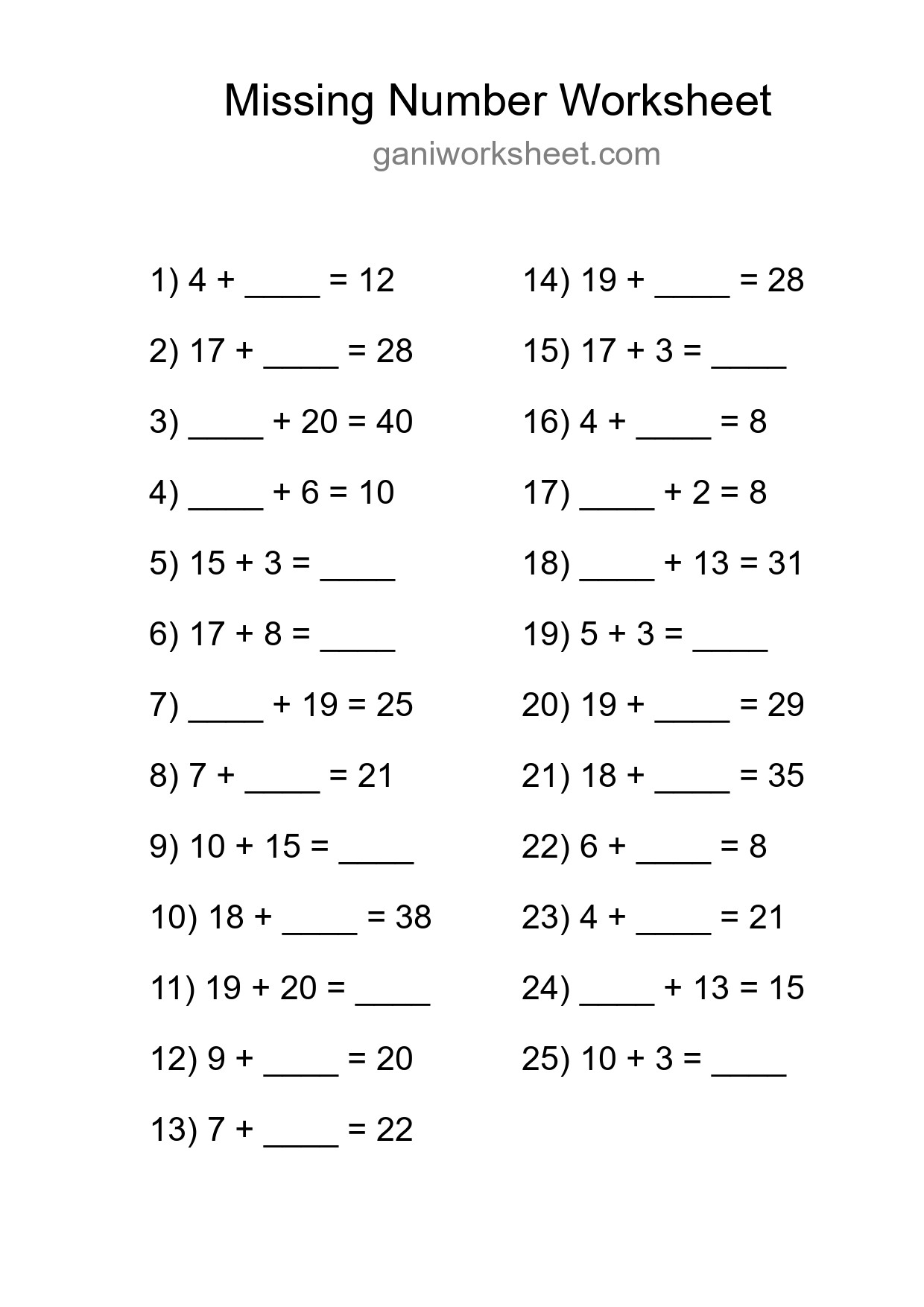 Missing Number Math Worksheet