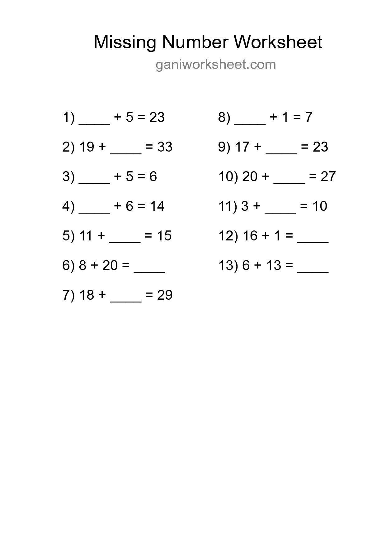 Missing Number Math Worksheet