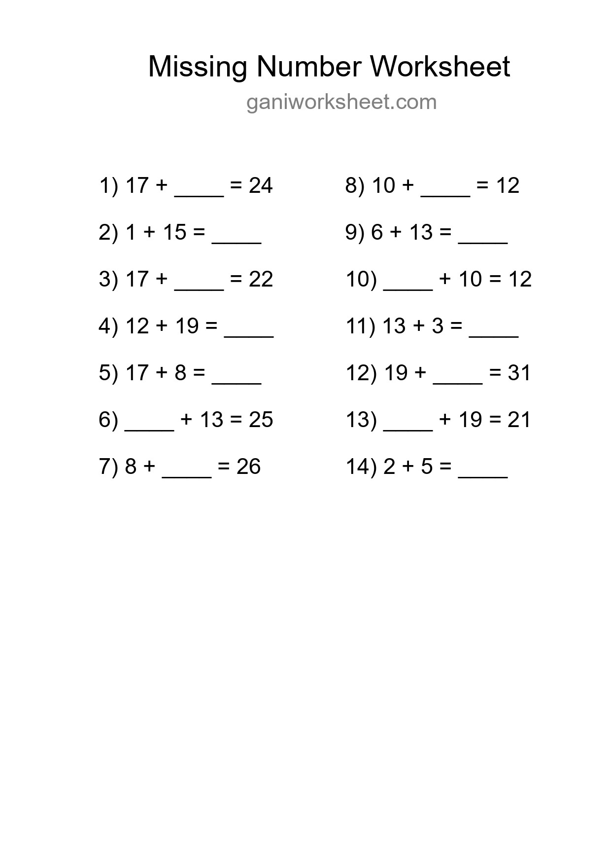 Missing Number Math Worksheet