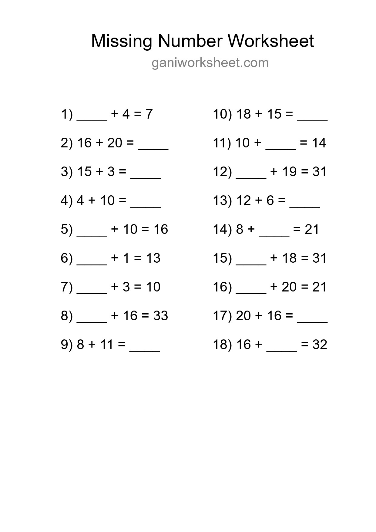 Missing Number Math Worksheet