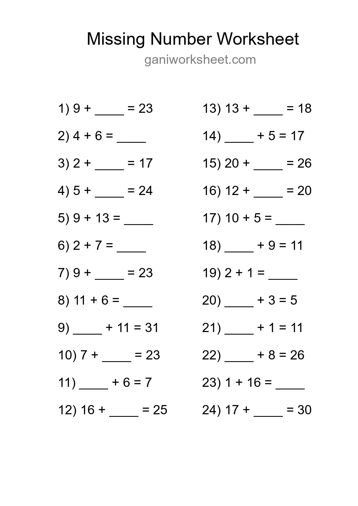 Missing Number Math Worksheet