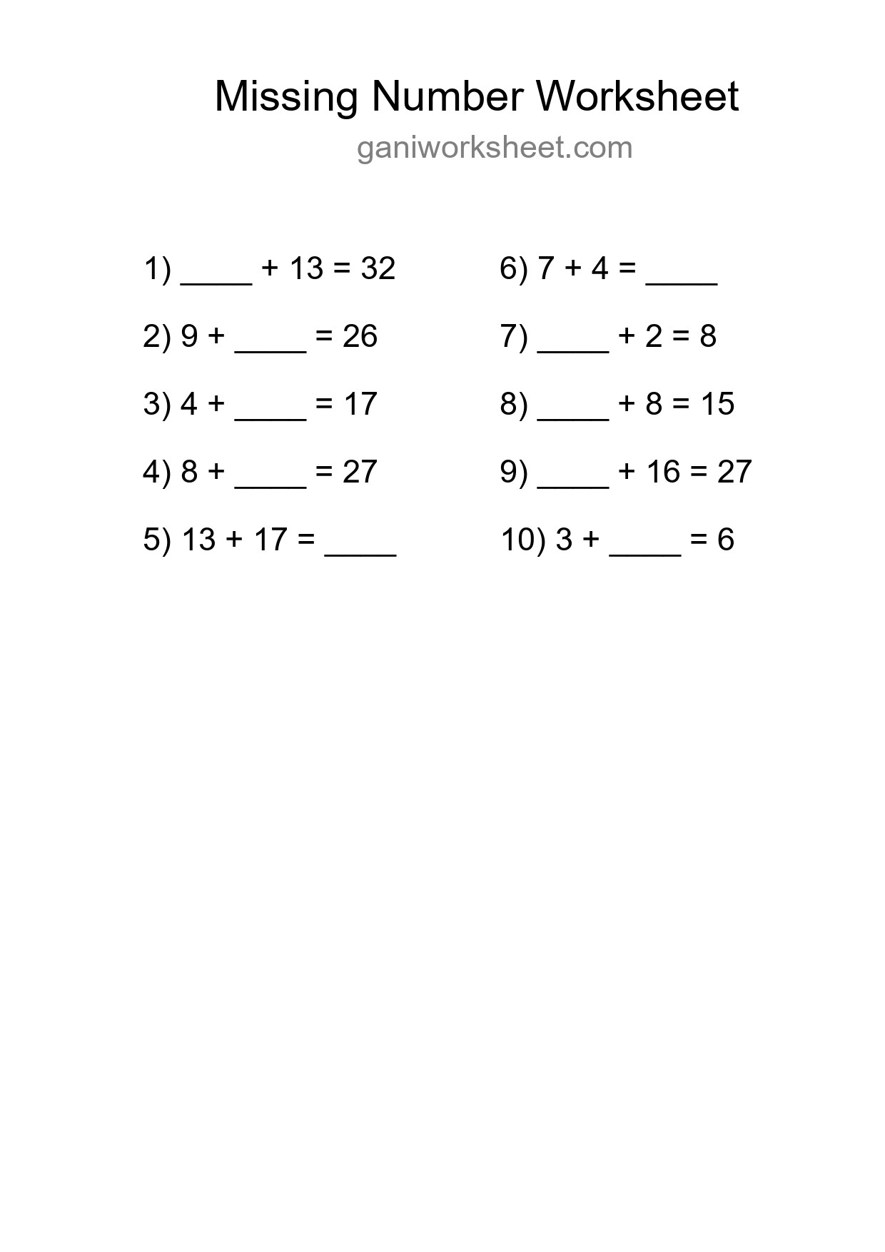 Missing Number Math Worksheet
