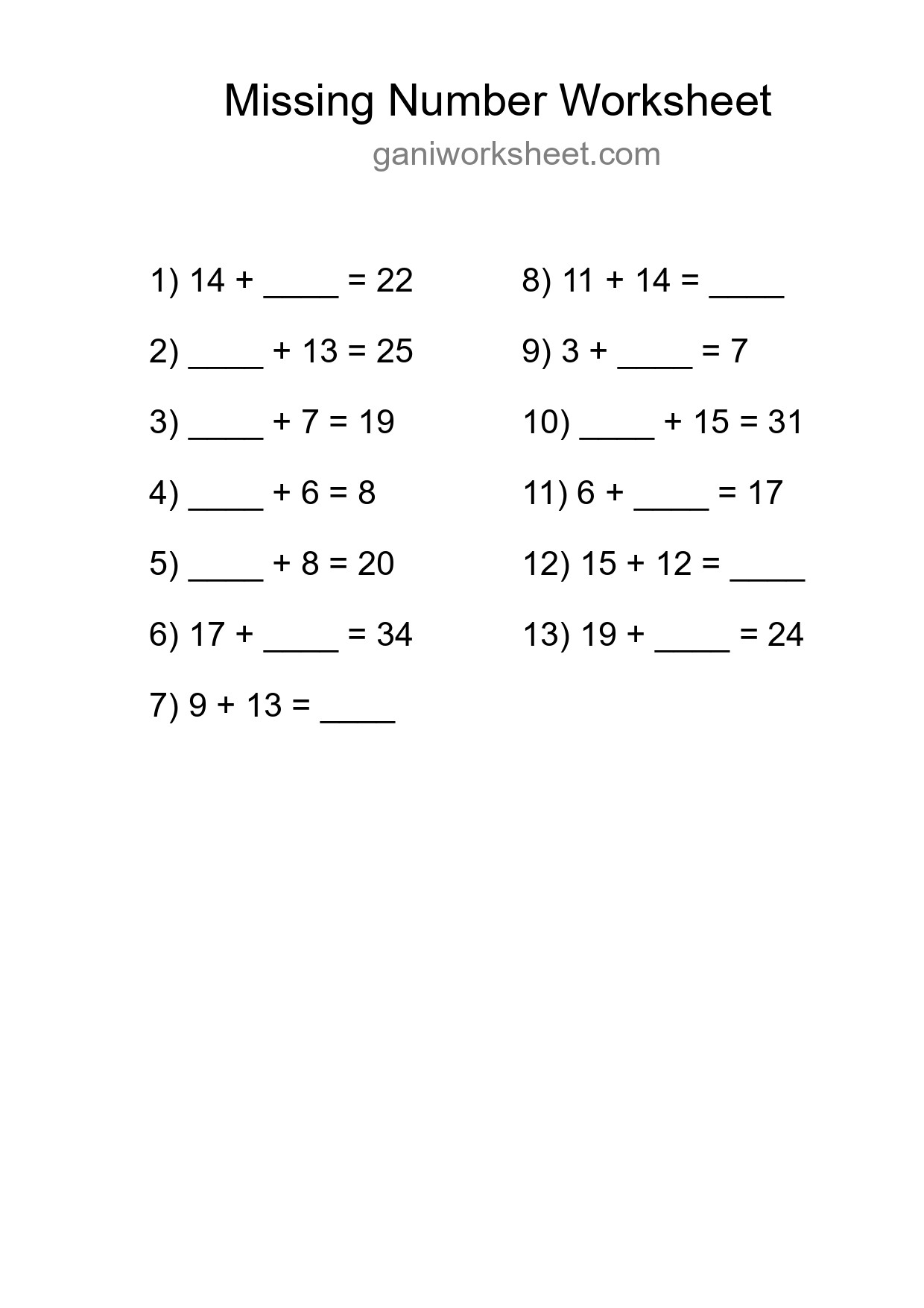 Missing Number Math Worksheet