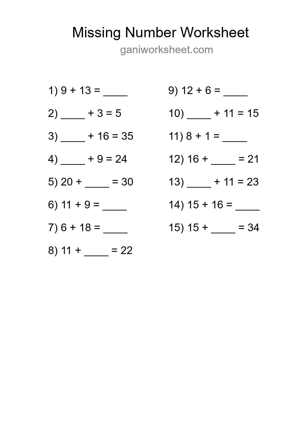 Missing Number Math Worksheet
