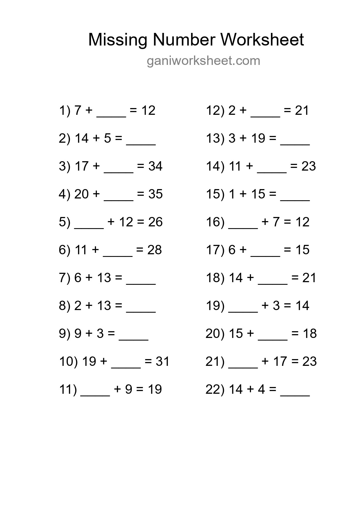 Missing Number Math Worksheet