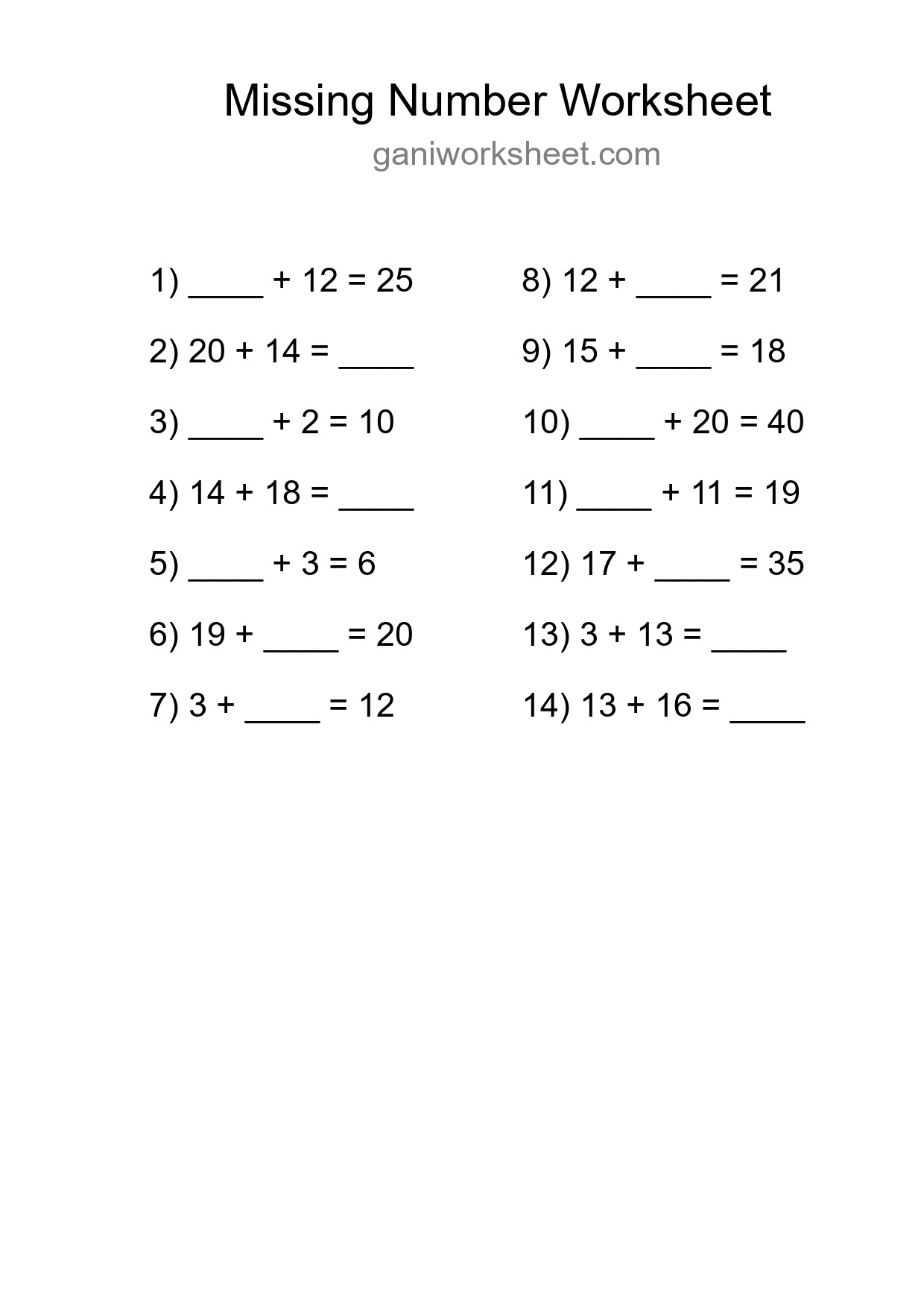 Missing Number Math Worksheet