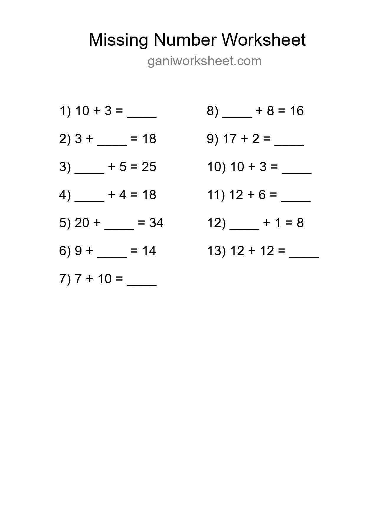 Missing Number Math Worksheet