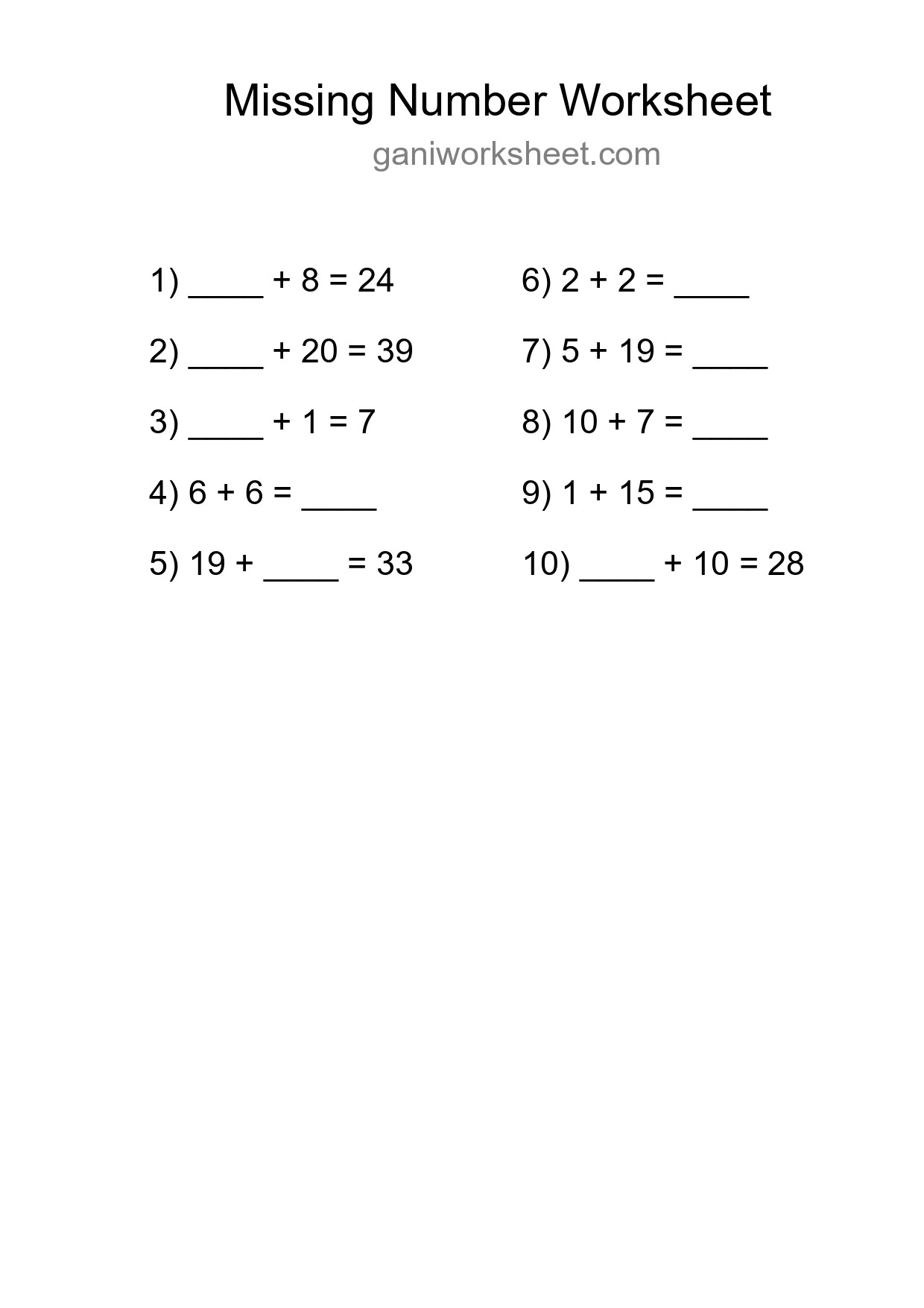 Missing Number Math Worksheet