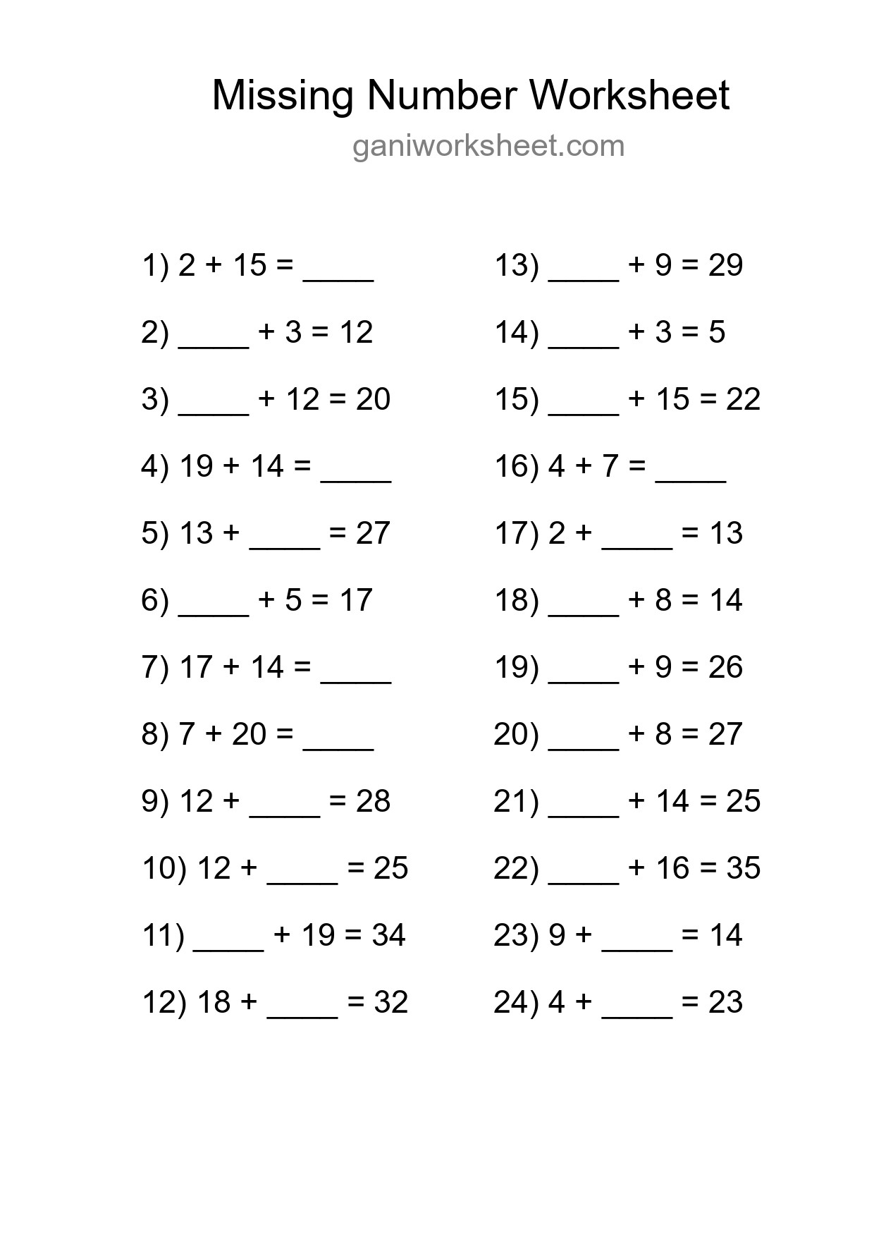 Missing Number Math Worksheet