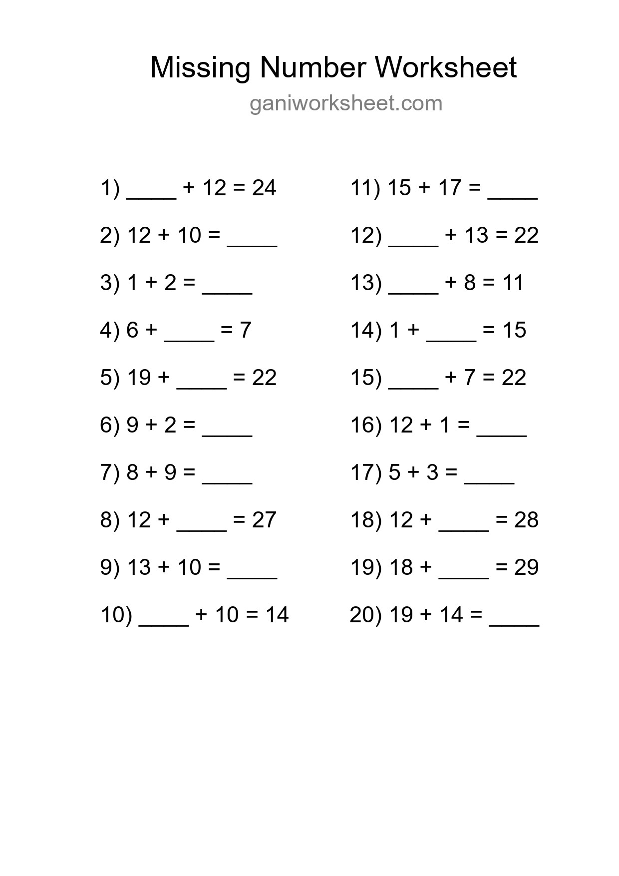 Missing Number Math Worksheet
