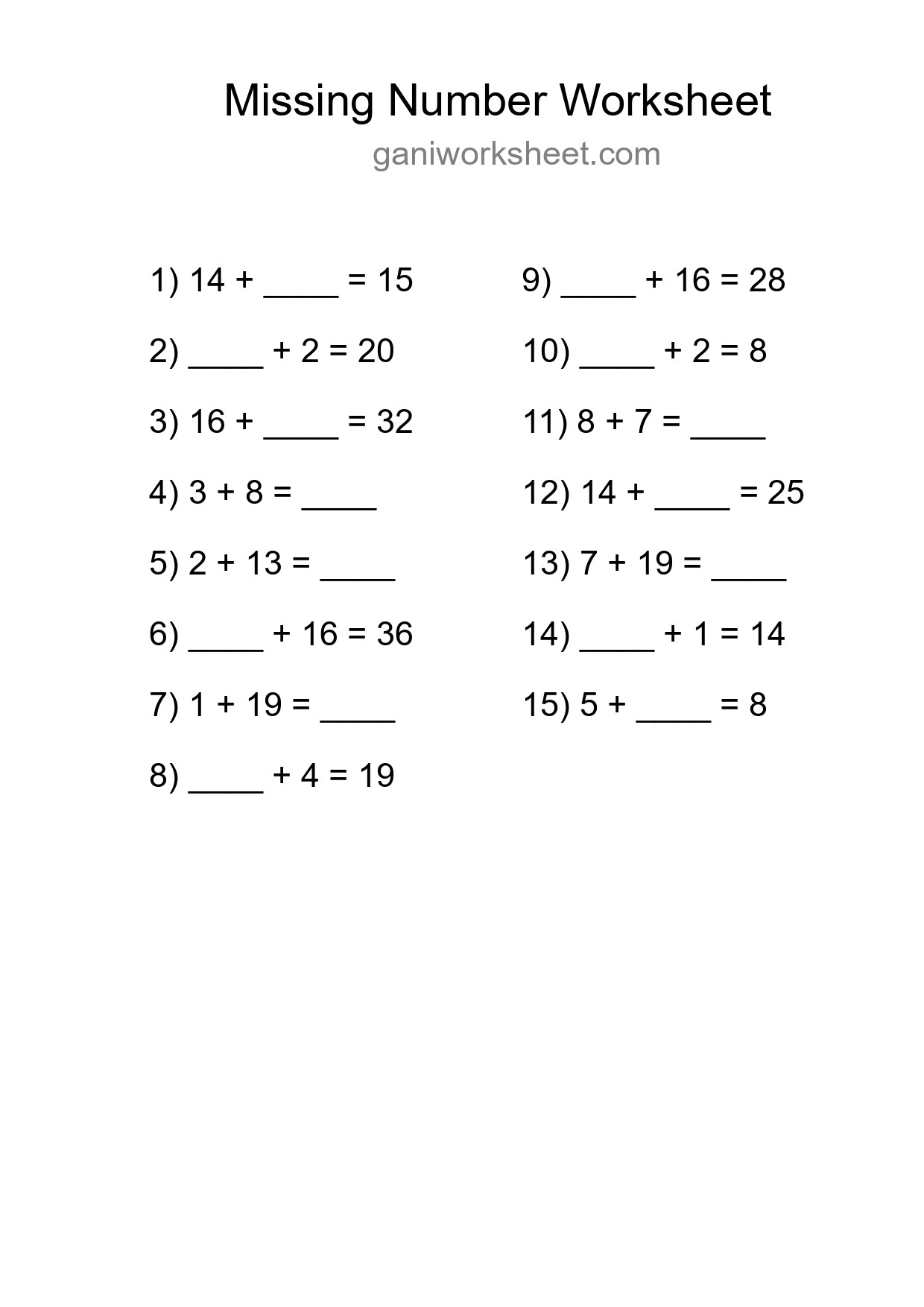 Missing Number Math Worksheet