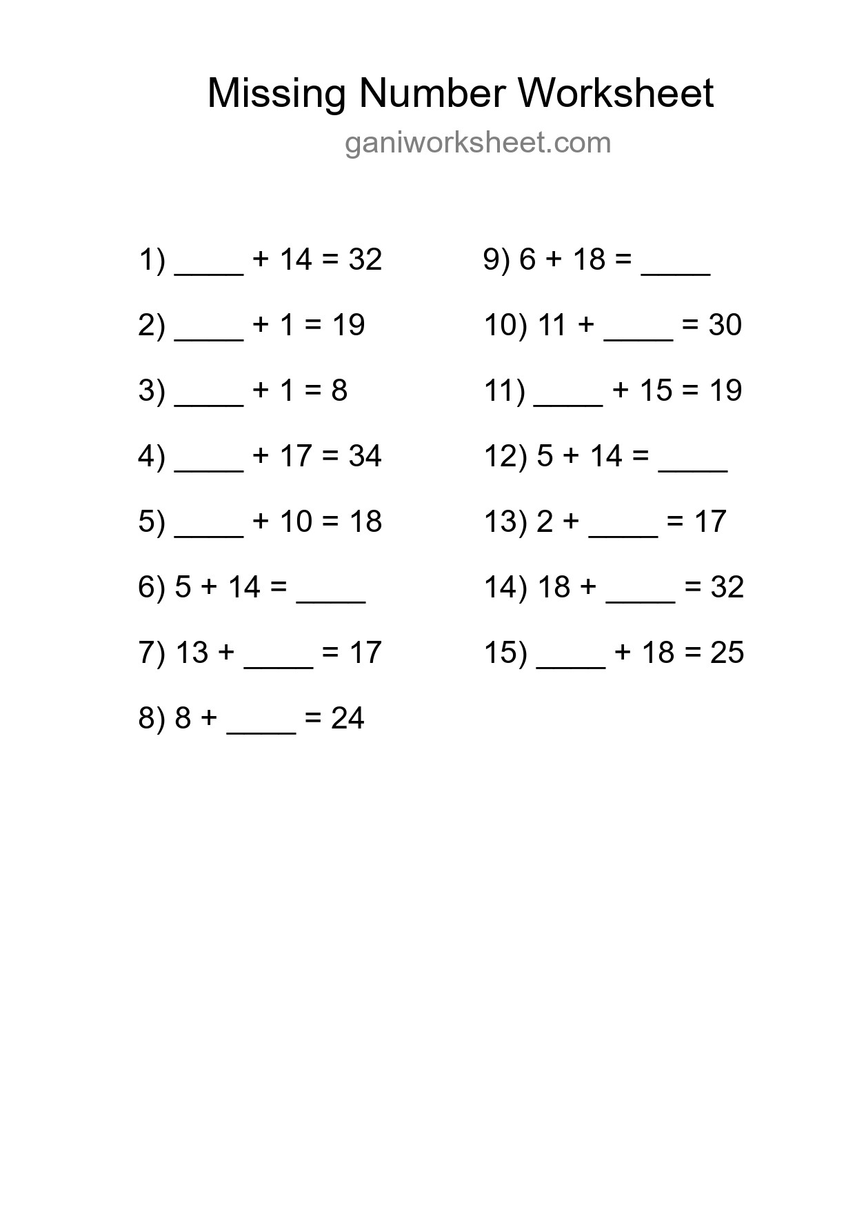 Missing Number Math Worksheet