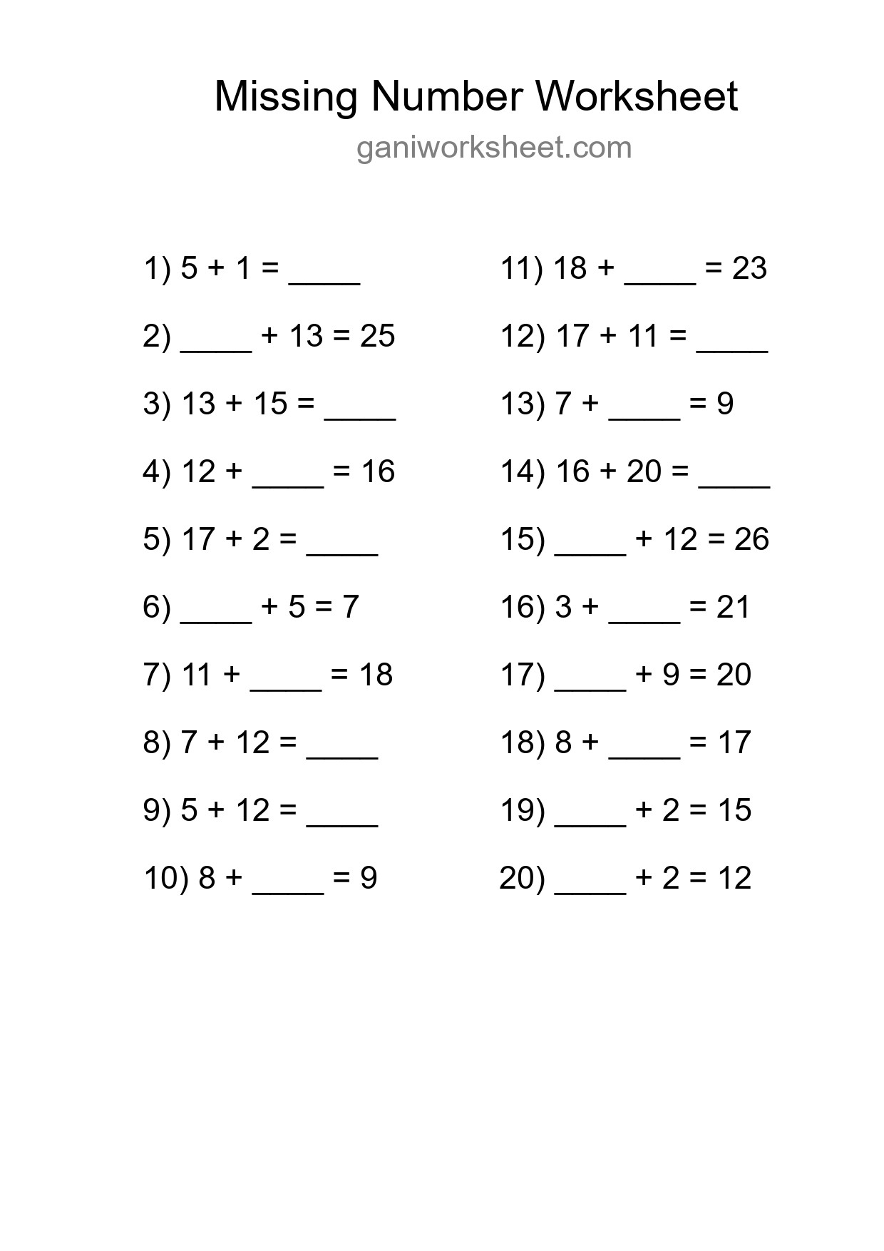 Missing Number Math Worksheet
