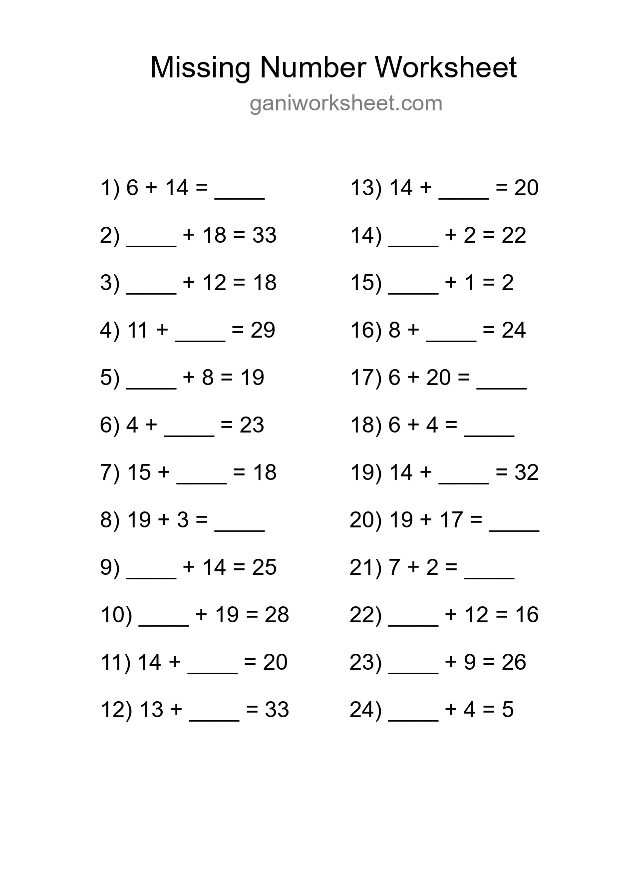 Missing Number Math Worksheet