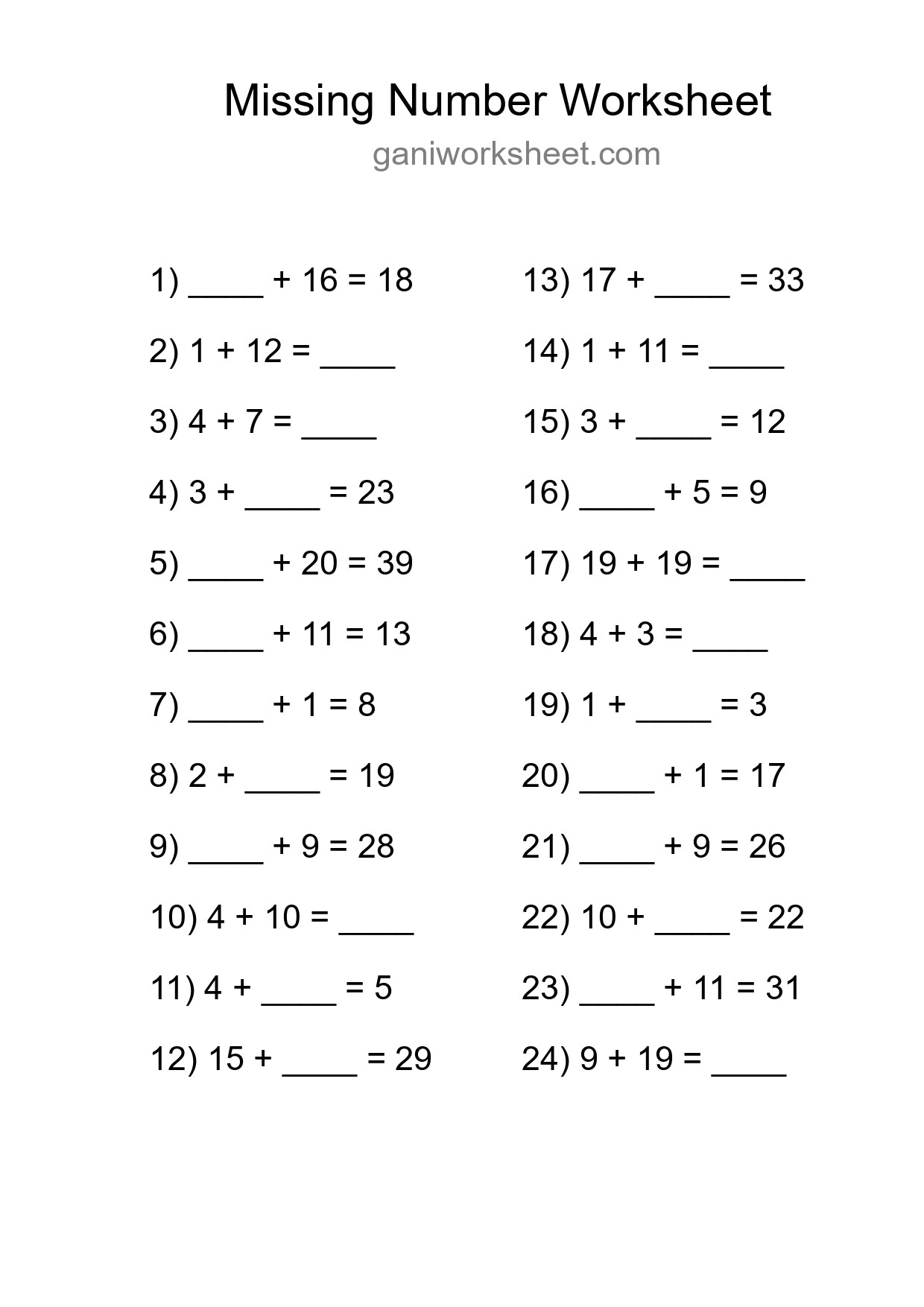 Missing Number Math Worksheet
