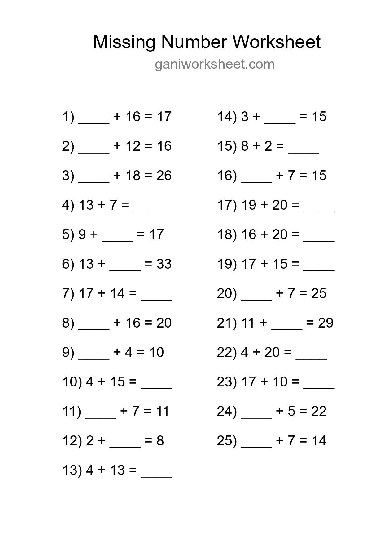Missing Number Math Worksheet