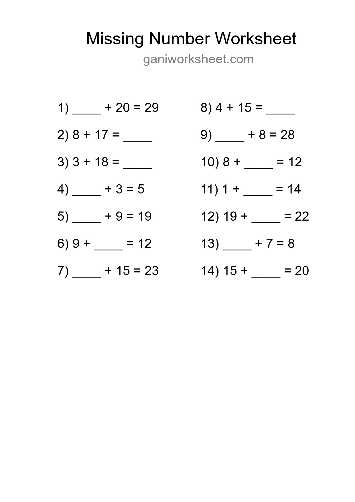 Missing Number Math Worksheet
