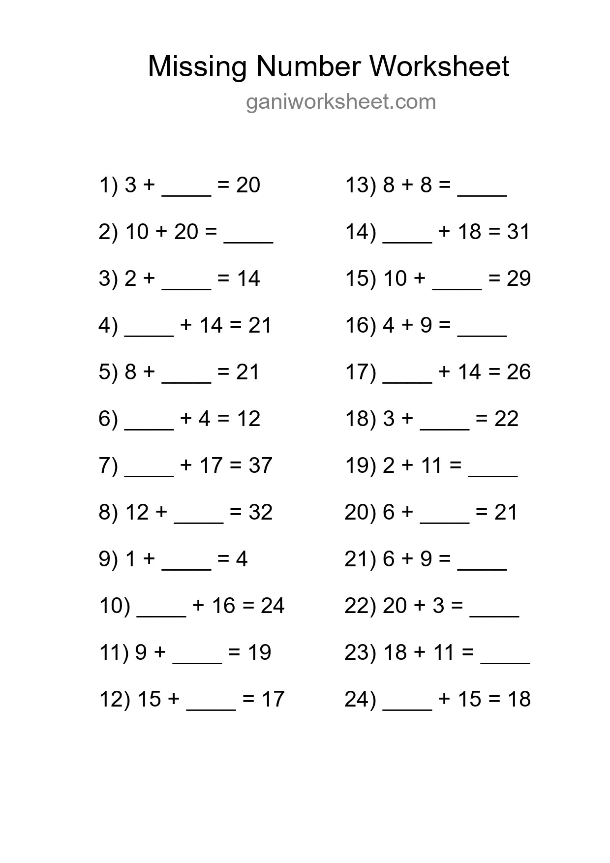 Missing Number Math Worksheet