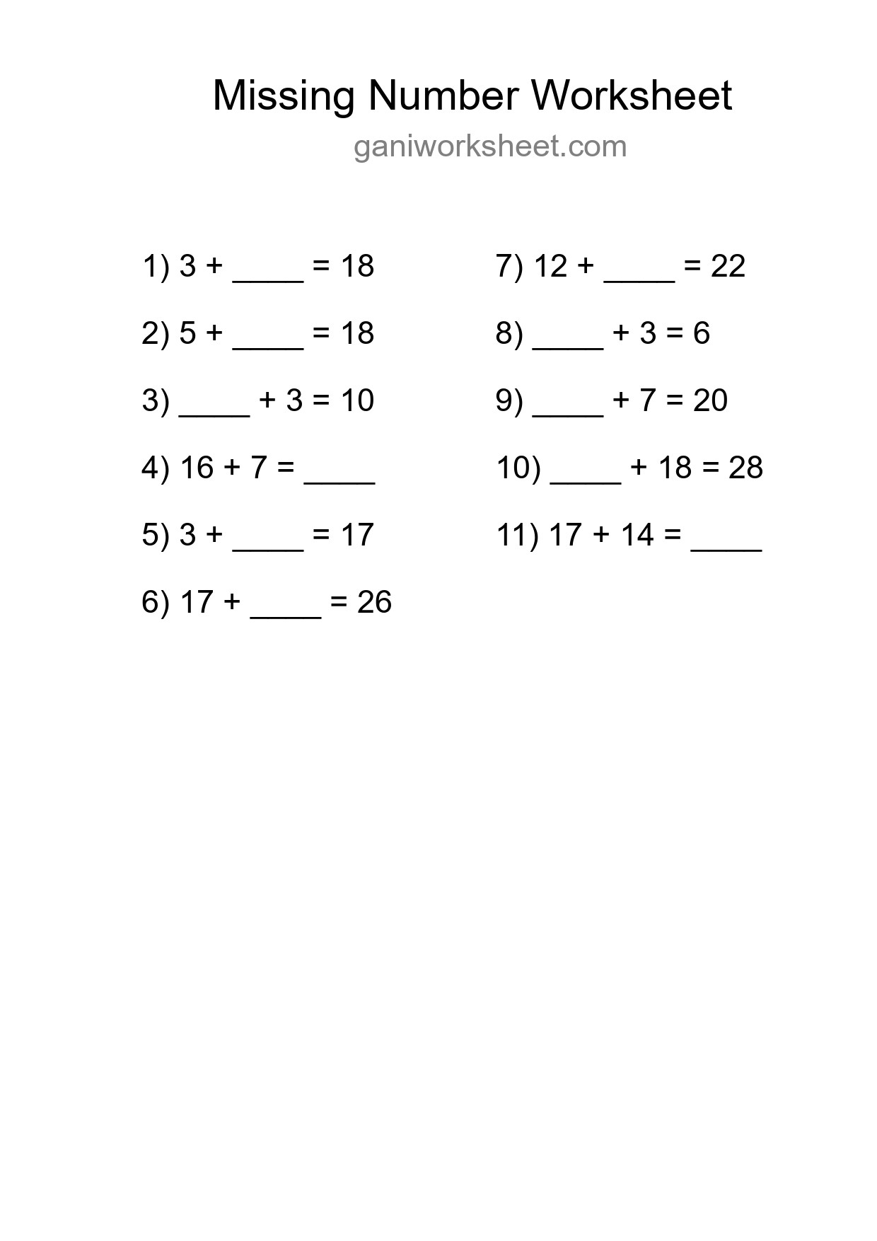 Missing Number Math Worksheet
