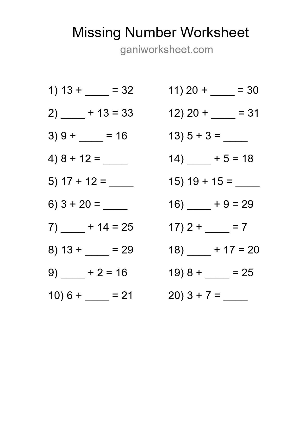 Missing Number Math Worksheet