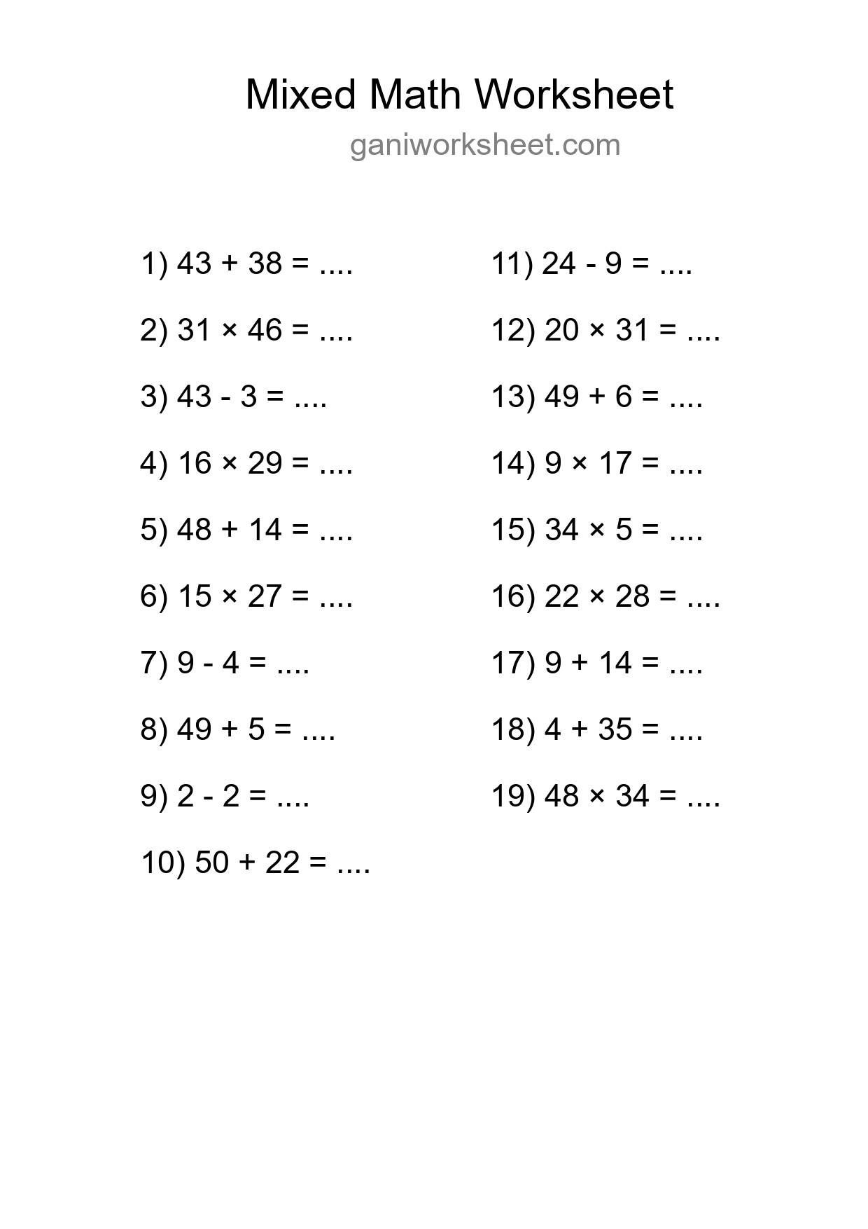 Mixed Operations Math Worksheet