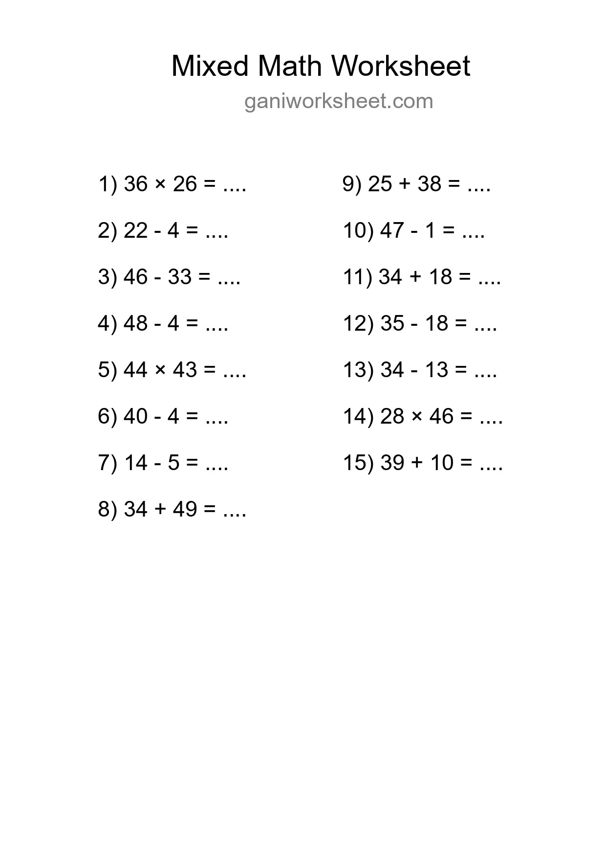 Mixed Operations Math Worksheet