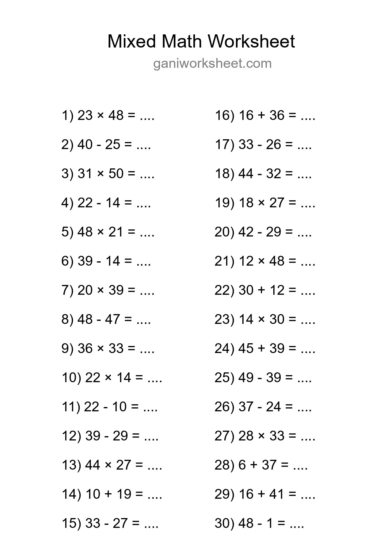 Printable Mixed Operations Worksheet for Grade 3