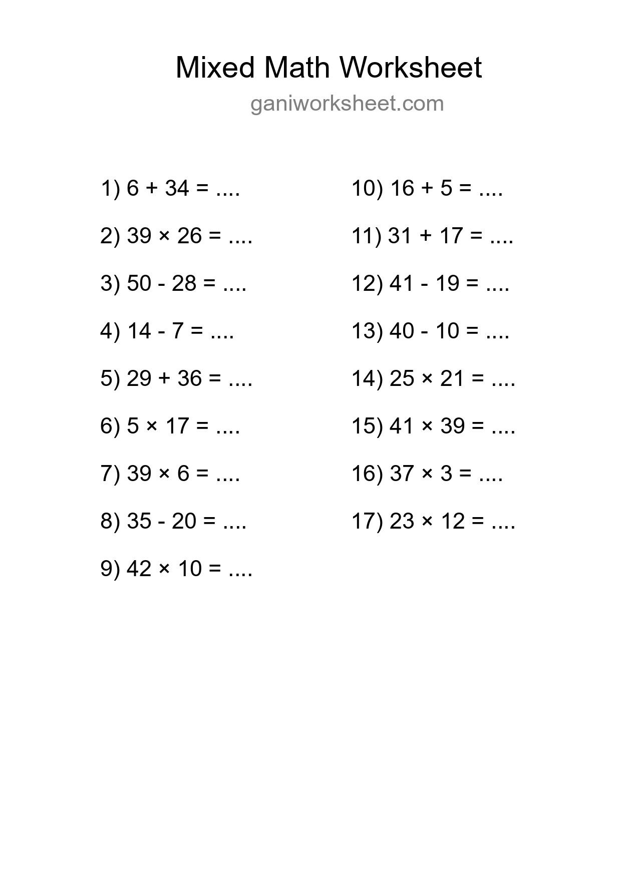Printable Mixed Operations Worksheet for Grade 3