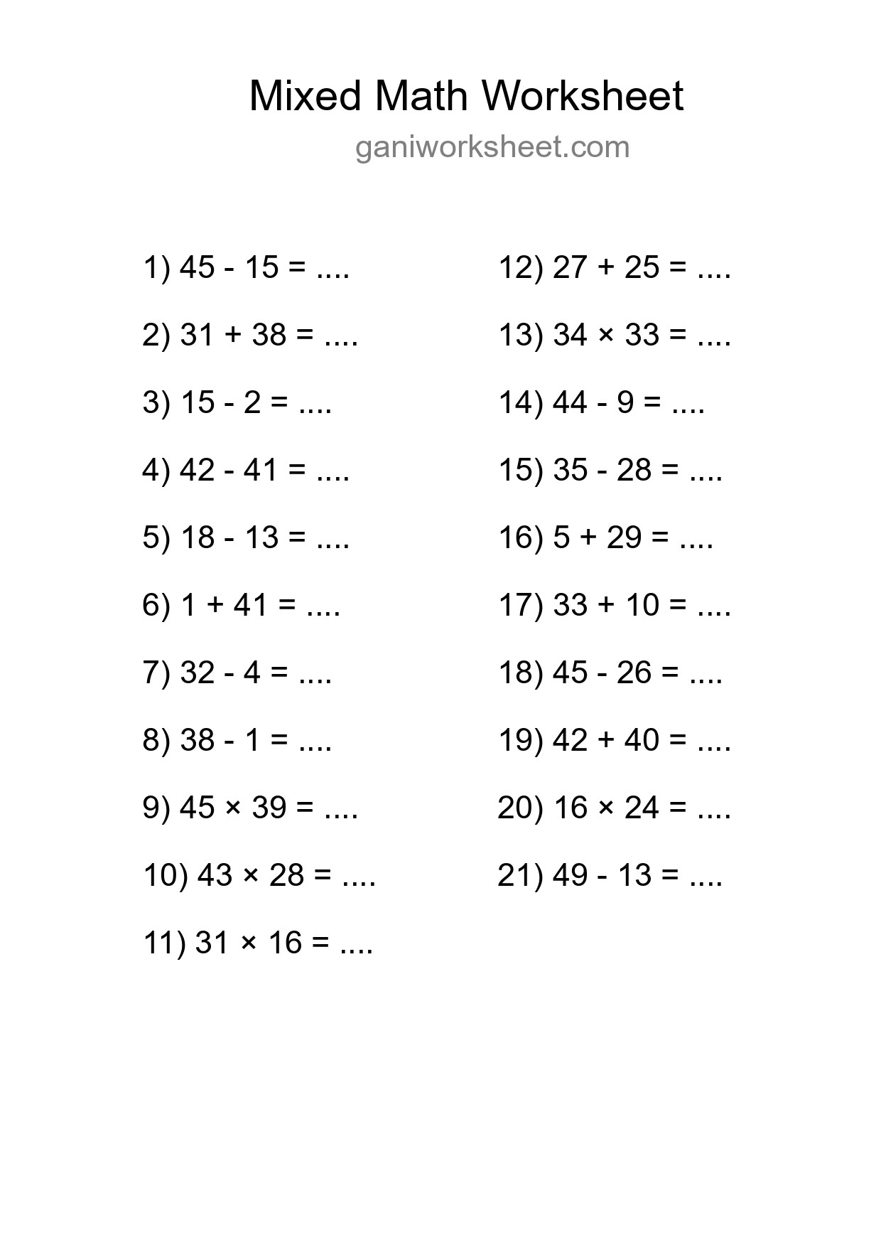 Mixed Operations Math Worksheet