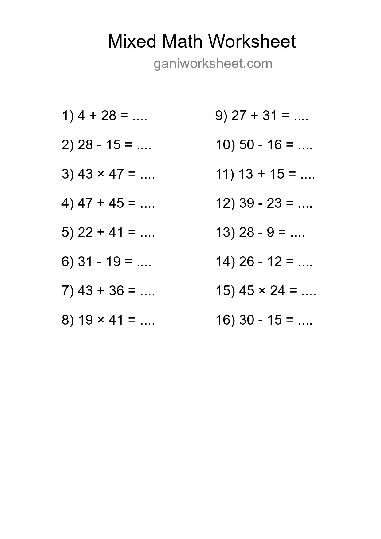 Printable Mixed Operations Worksheet for Grade 3