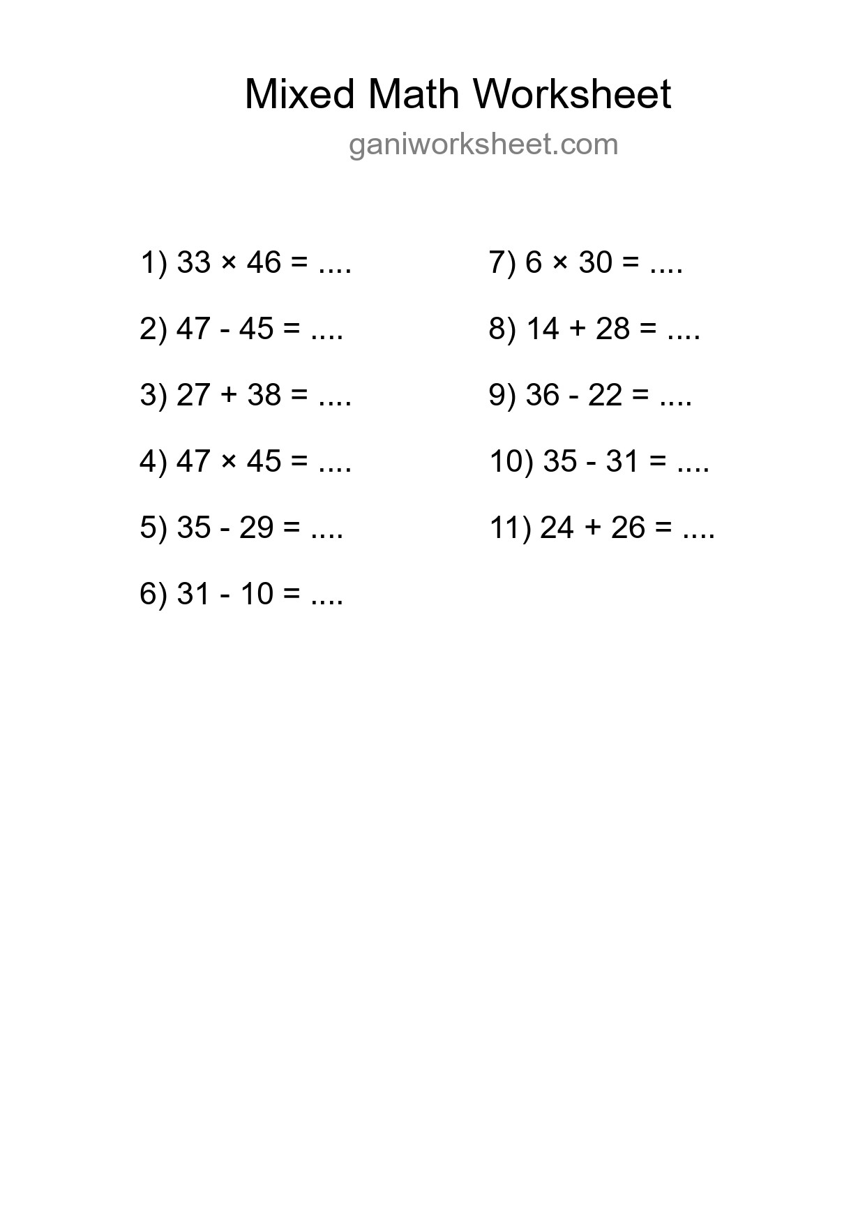 Mixed Operations Math Worksheet