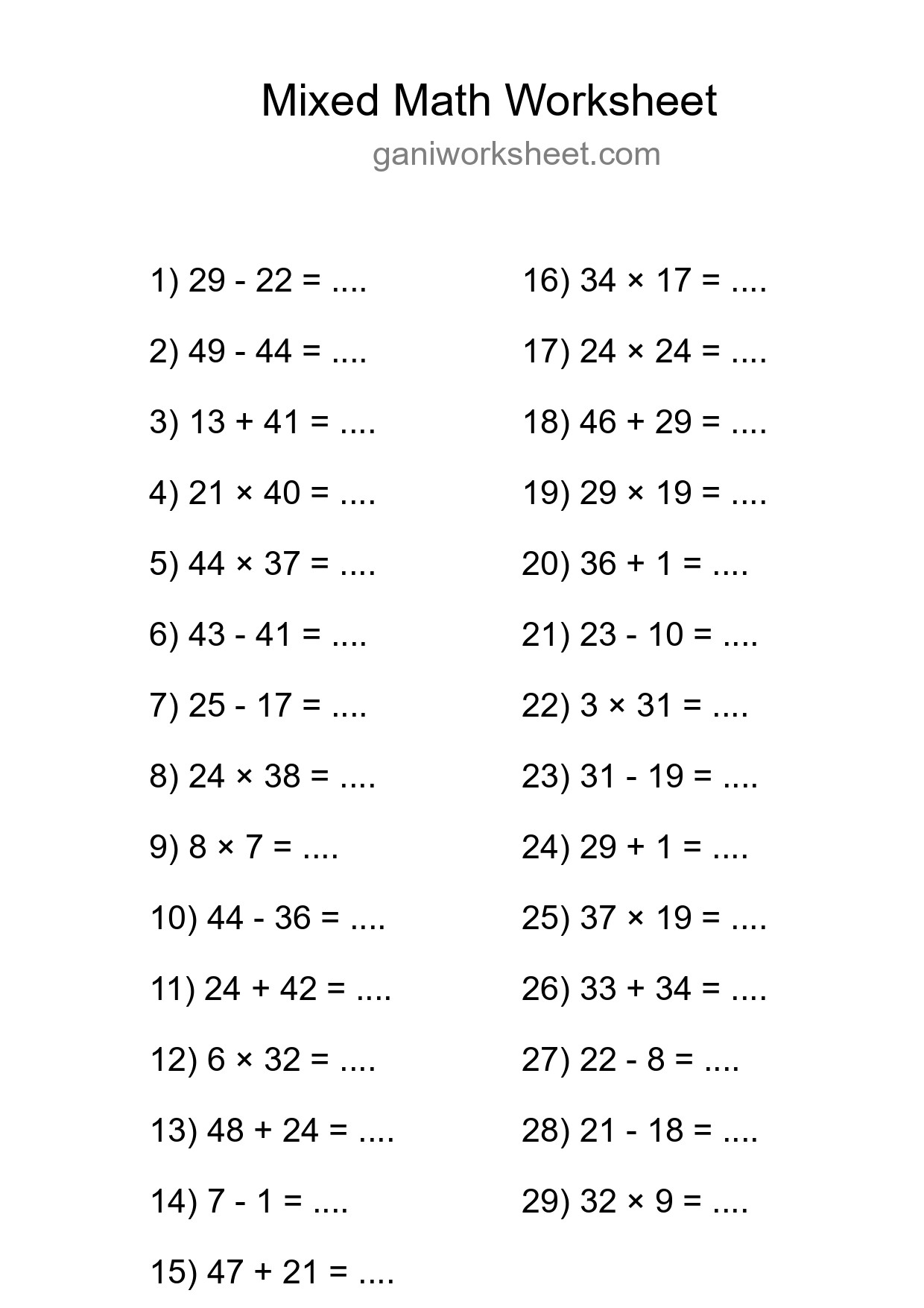 Printable Mixed Operations Worksheet for Grade 3