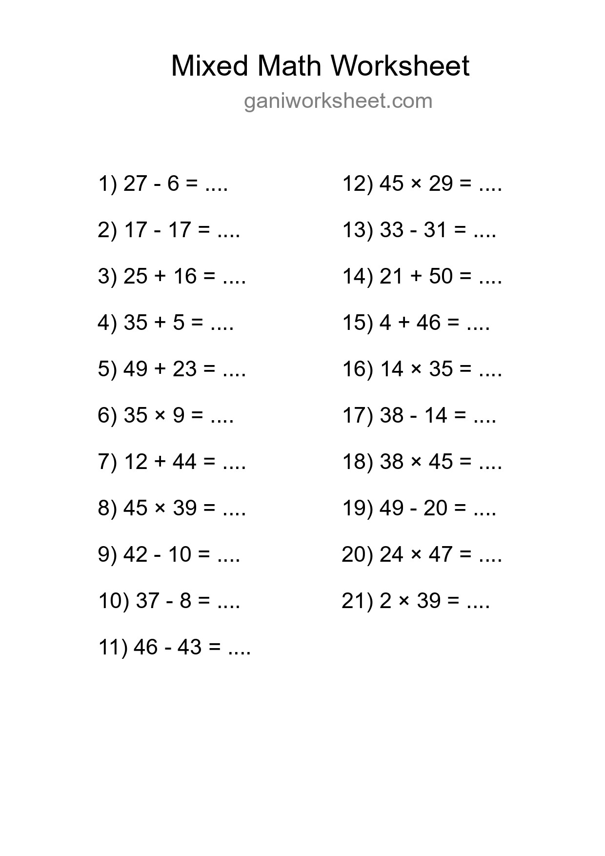 Printable Mixed Operations Worksheet for Grade 3