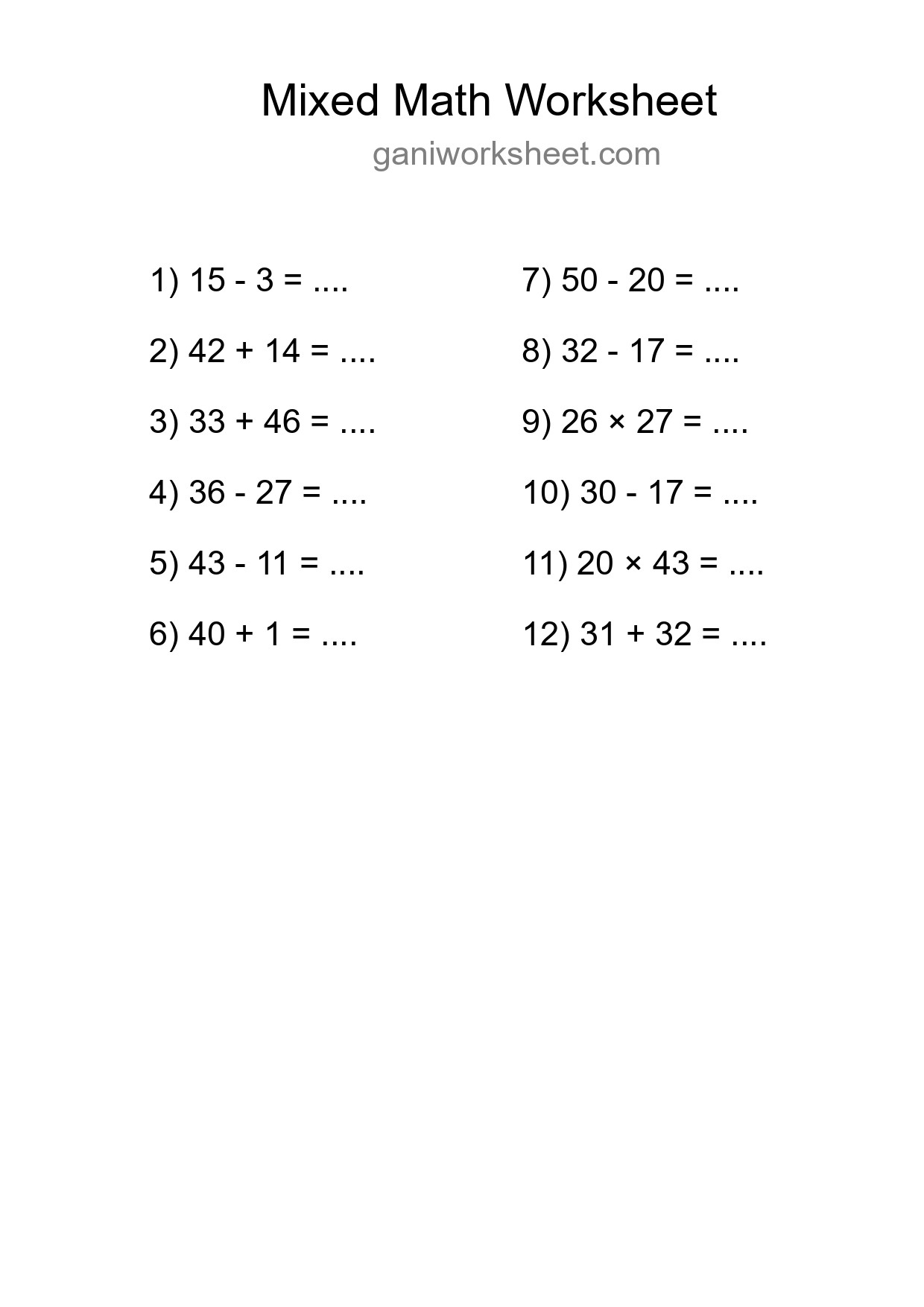 Mixed Operations Math Worksheet
