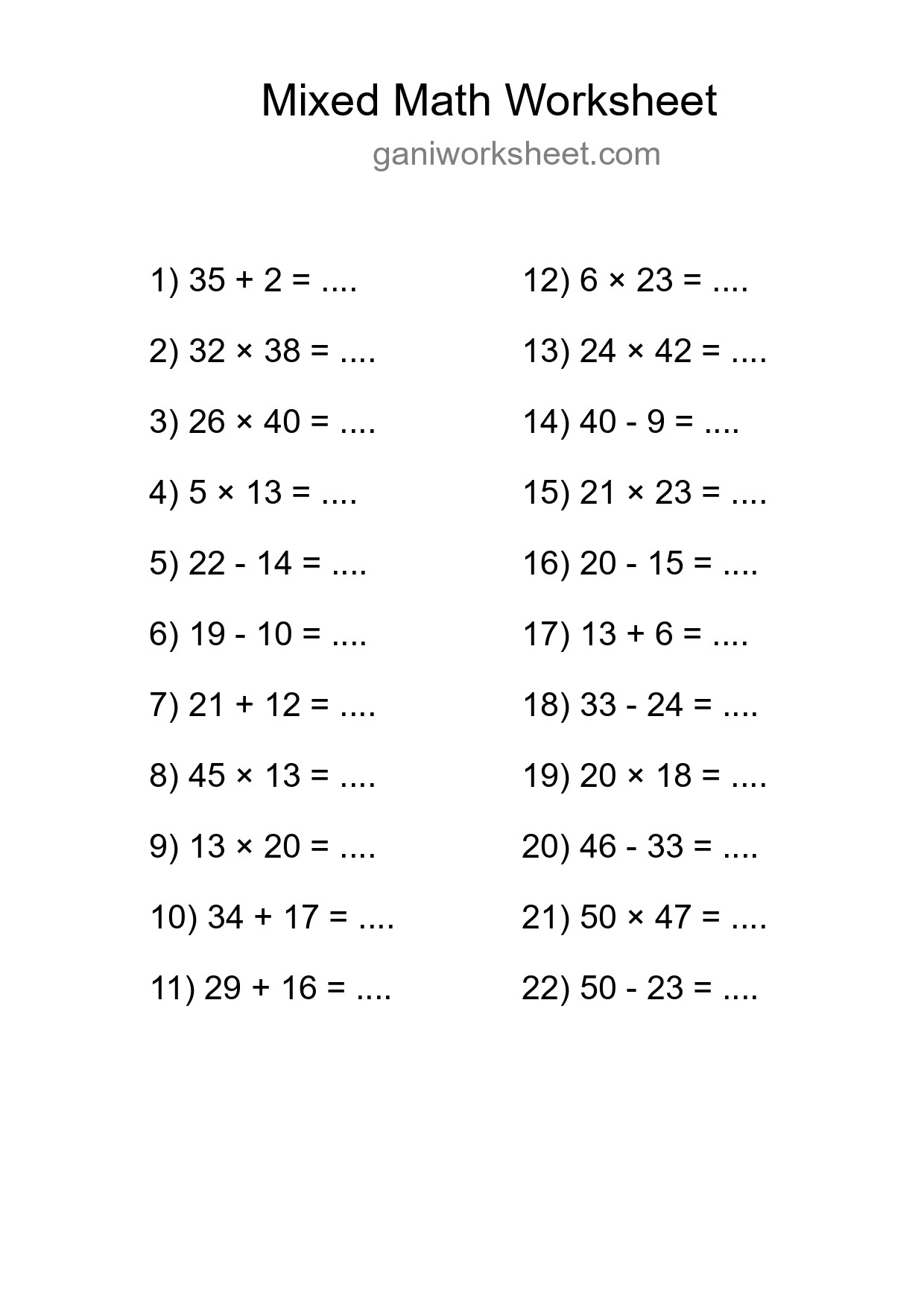 Printable Mixed Operations Worksheet for Grade 3