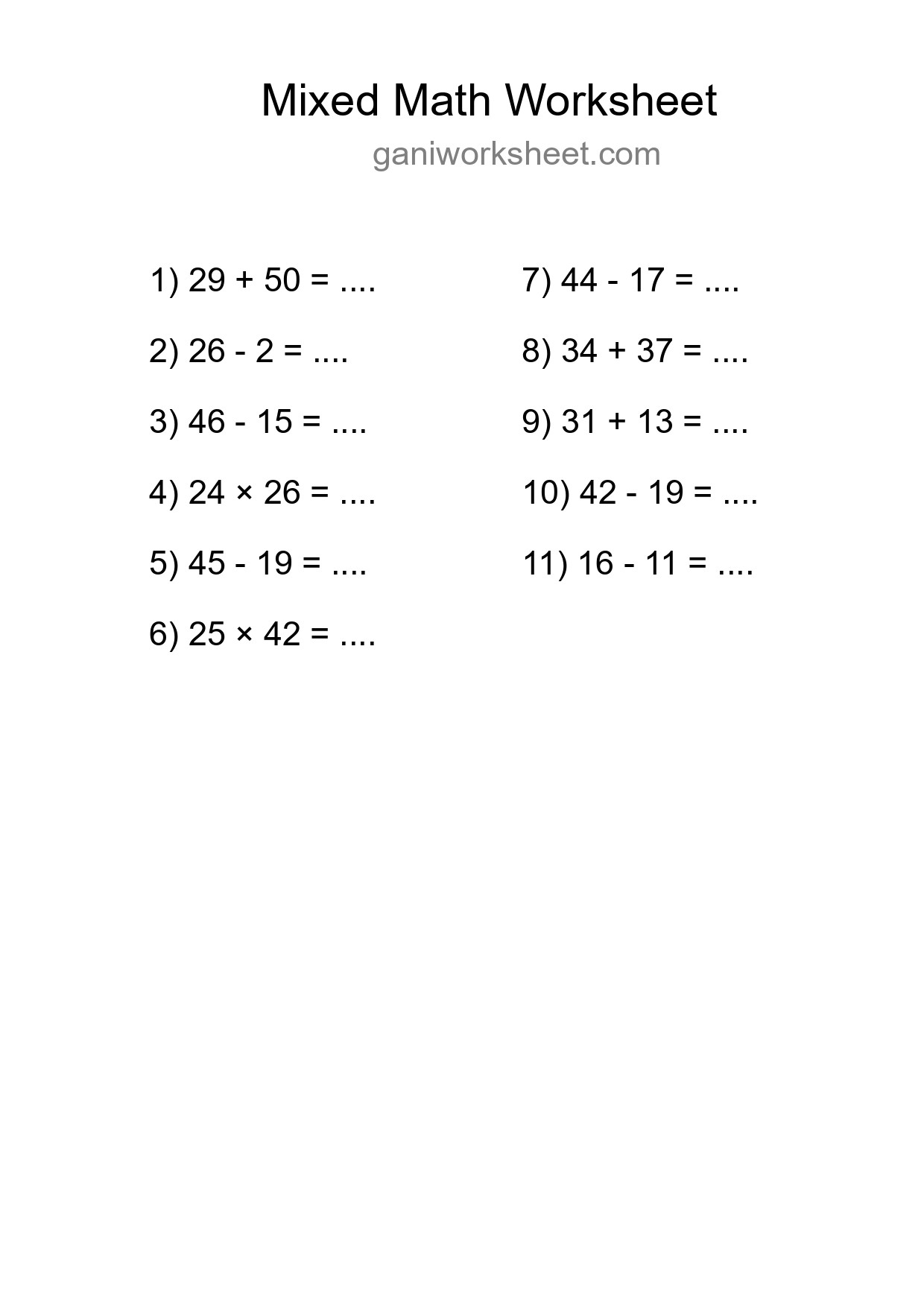 Printable Mixed Operations Worksheet for Grade 3